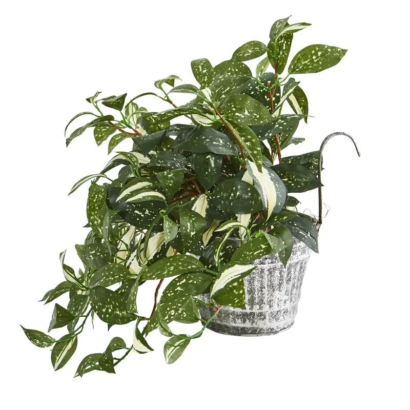 15" Florida Beauty Artificial Plant in Vintage Metal Hanging Planter