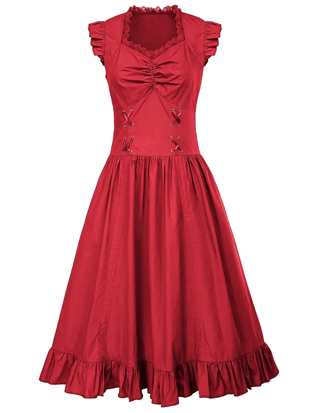 1930s Solid Ruffles Square Neck Steampunk Dress