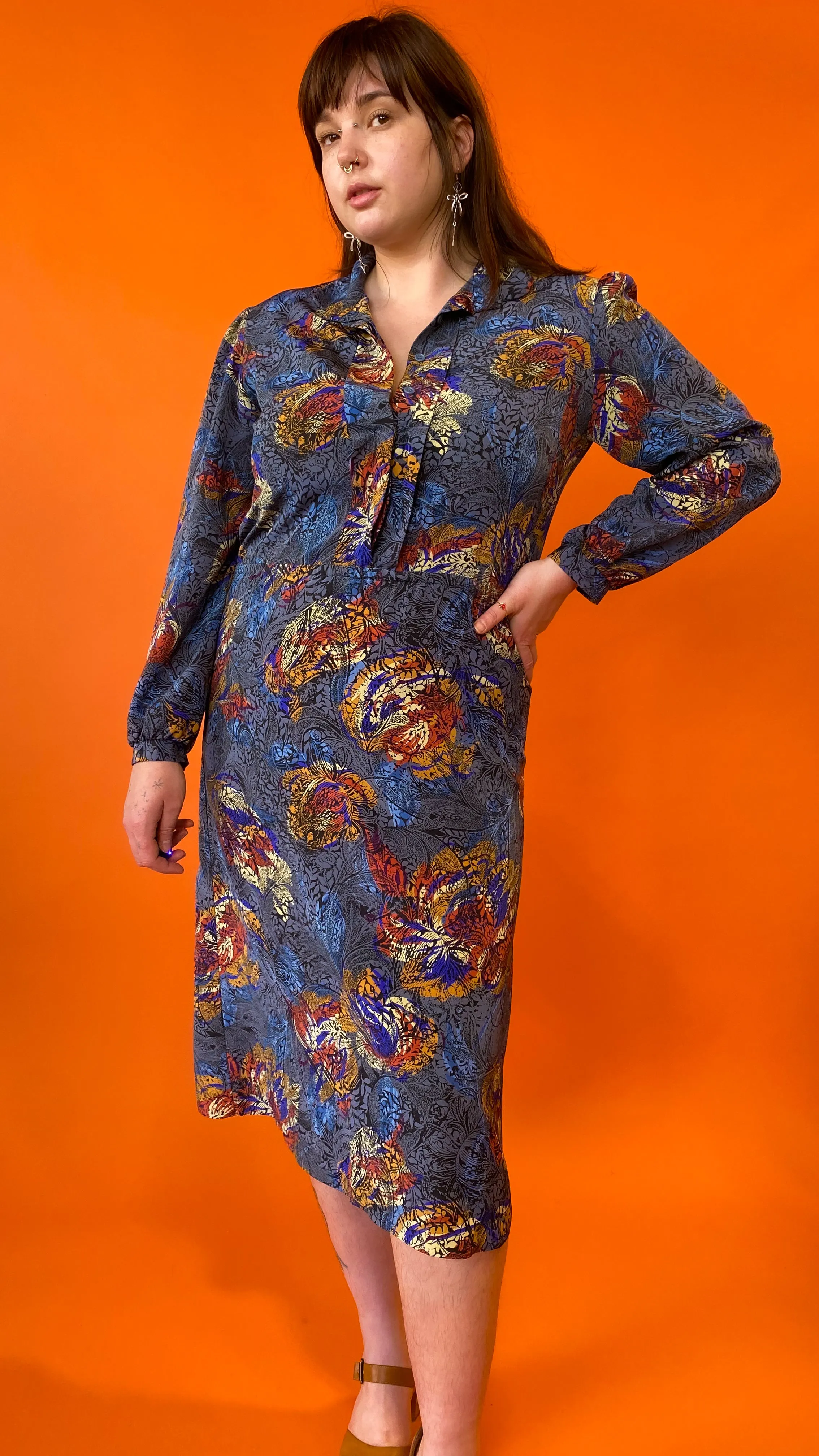 1990s Blue Stamped Floral Dress, sz XL/1XL