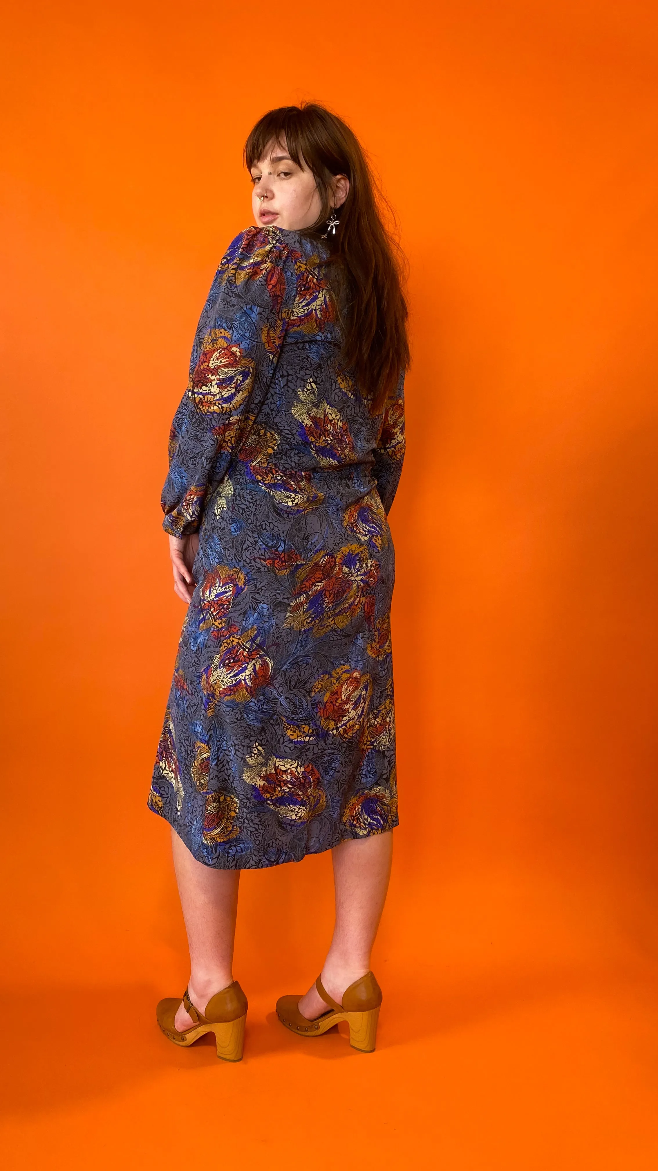 1990s Blue Stamped Floral Dress, sz XL/1XL