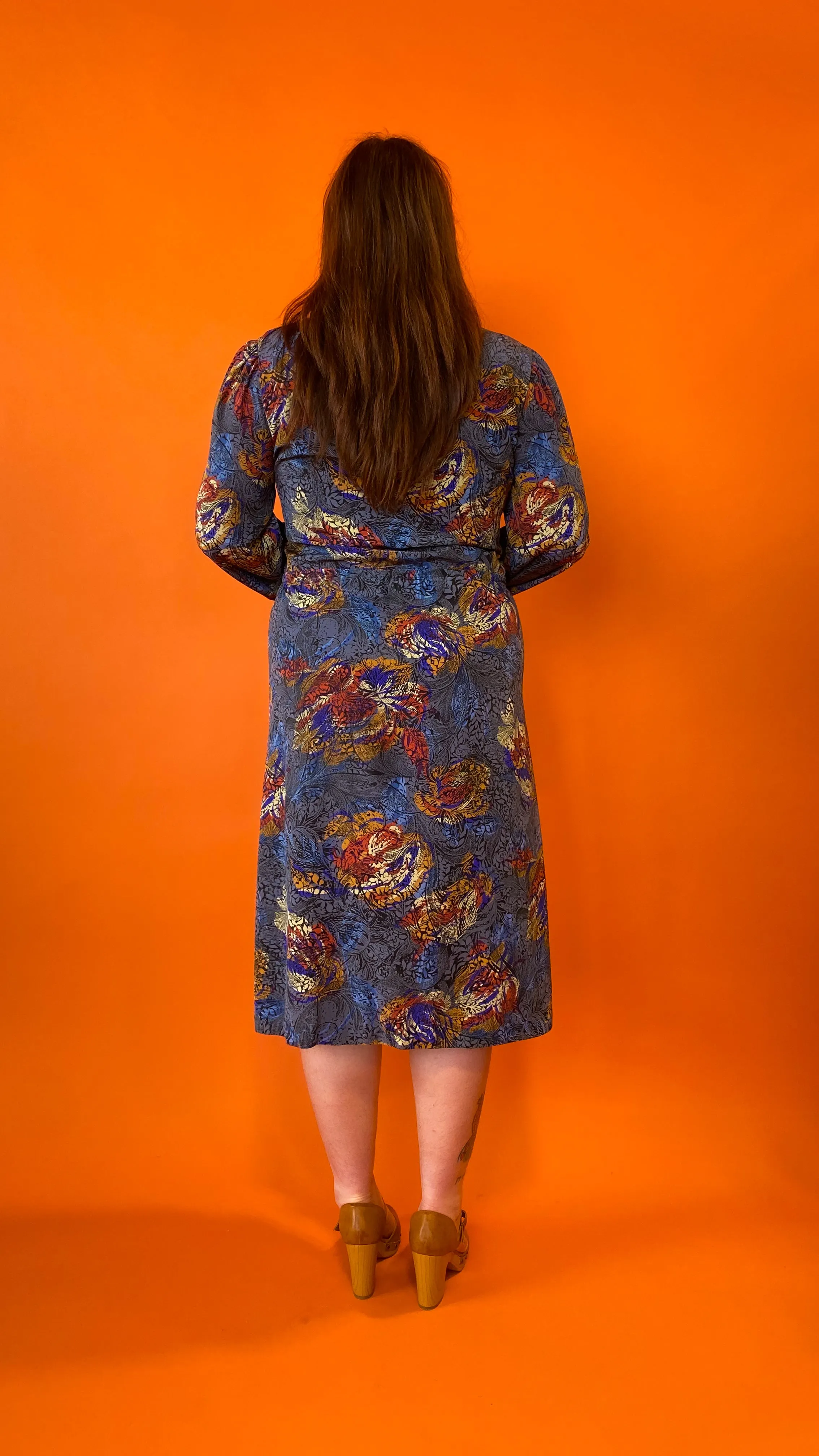 1990s Blue Stamped Floral Dress, sz XL/1XL
