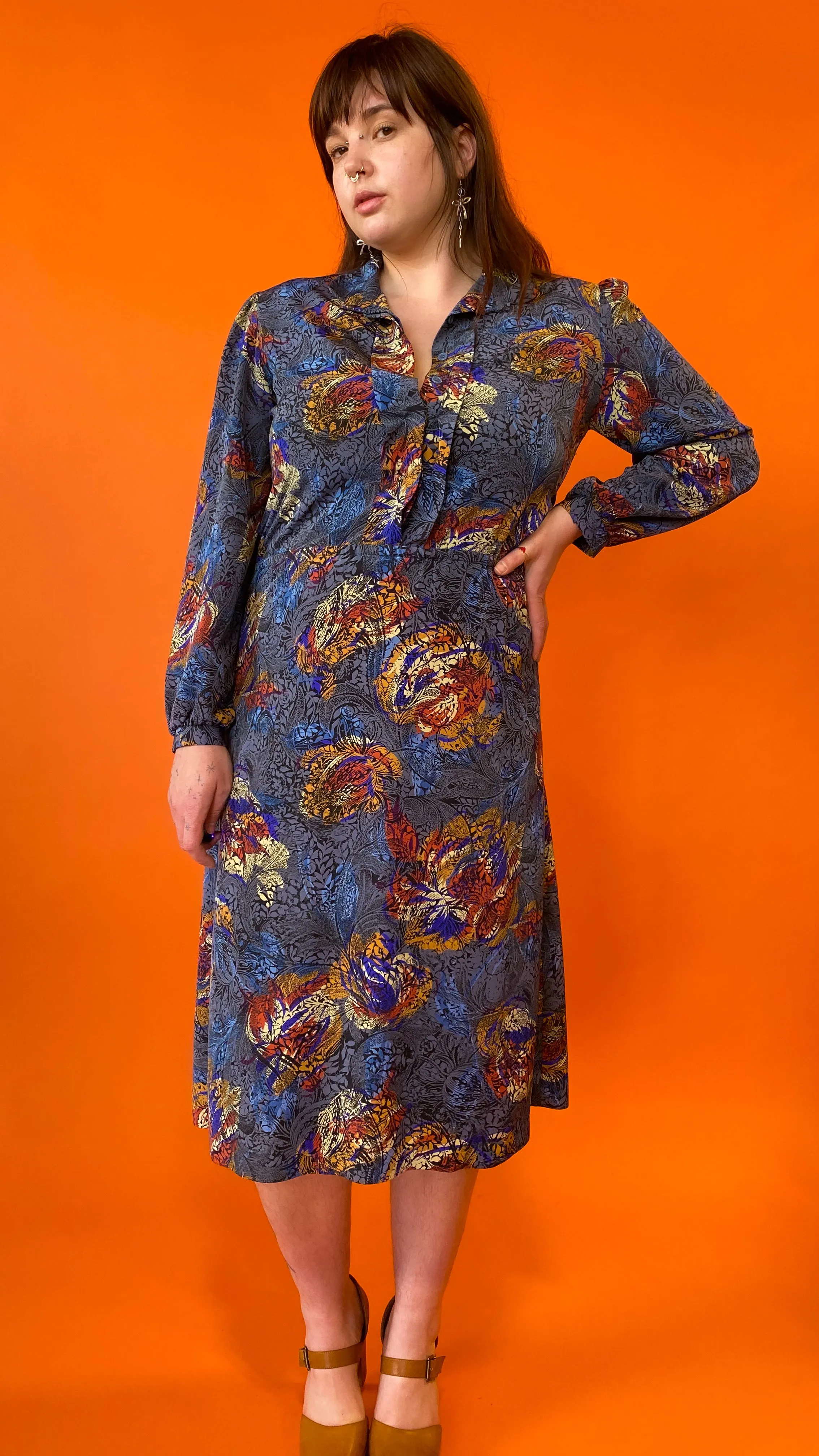 1990s Blue Stamped Floral Dress, sz XL/1XL