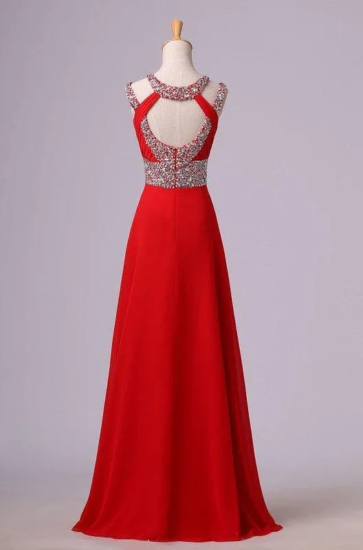 2025 Gorgeous Red Beading Open Back Chiffon Prom Dresses