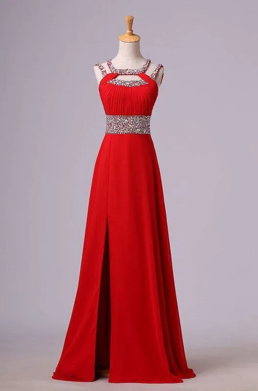 2025 Gorgeous Red Beading Open Back Chiffon Prom Dresses