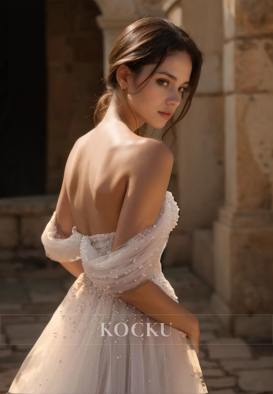 A-Line Off-Shoulder Sleeveless Sweep Train Pleated Lace Bridal Gowns Wedding Dress with Beads