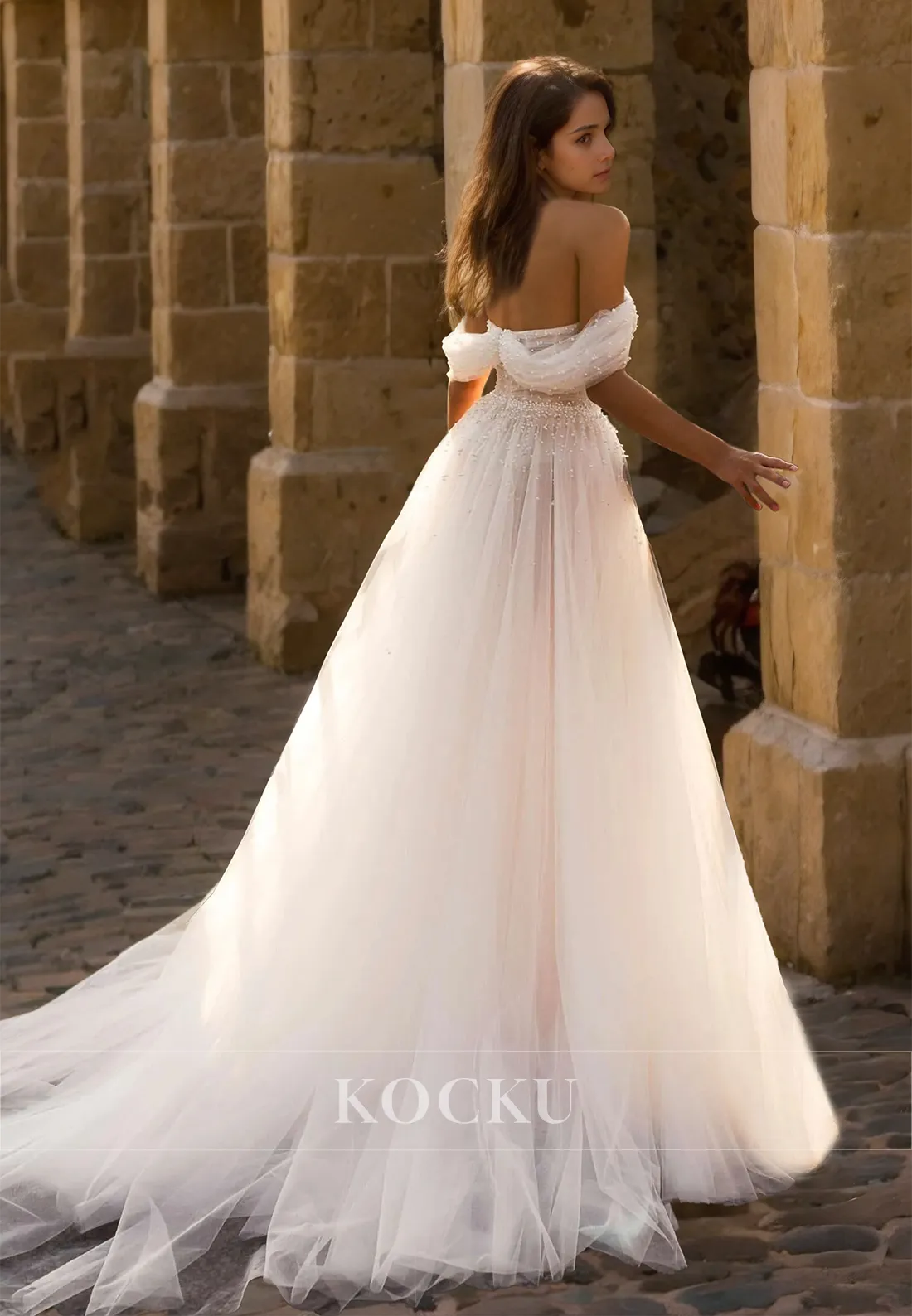 A-Line Off-Shoulder Sleeveless Sweep Train Pleated Lace Bridal Gowns Wedding Dress with Beads