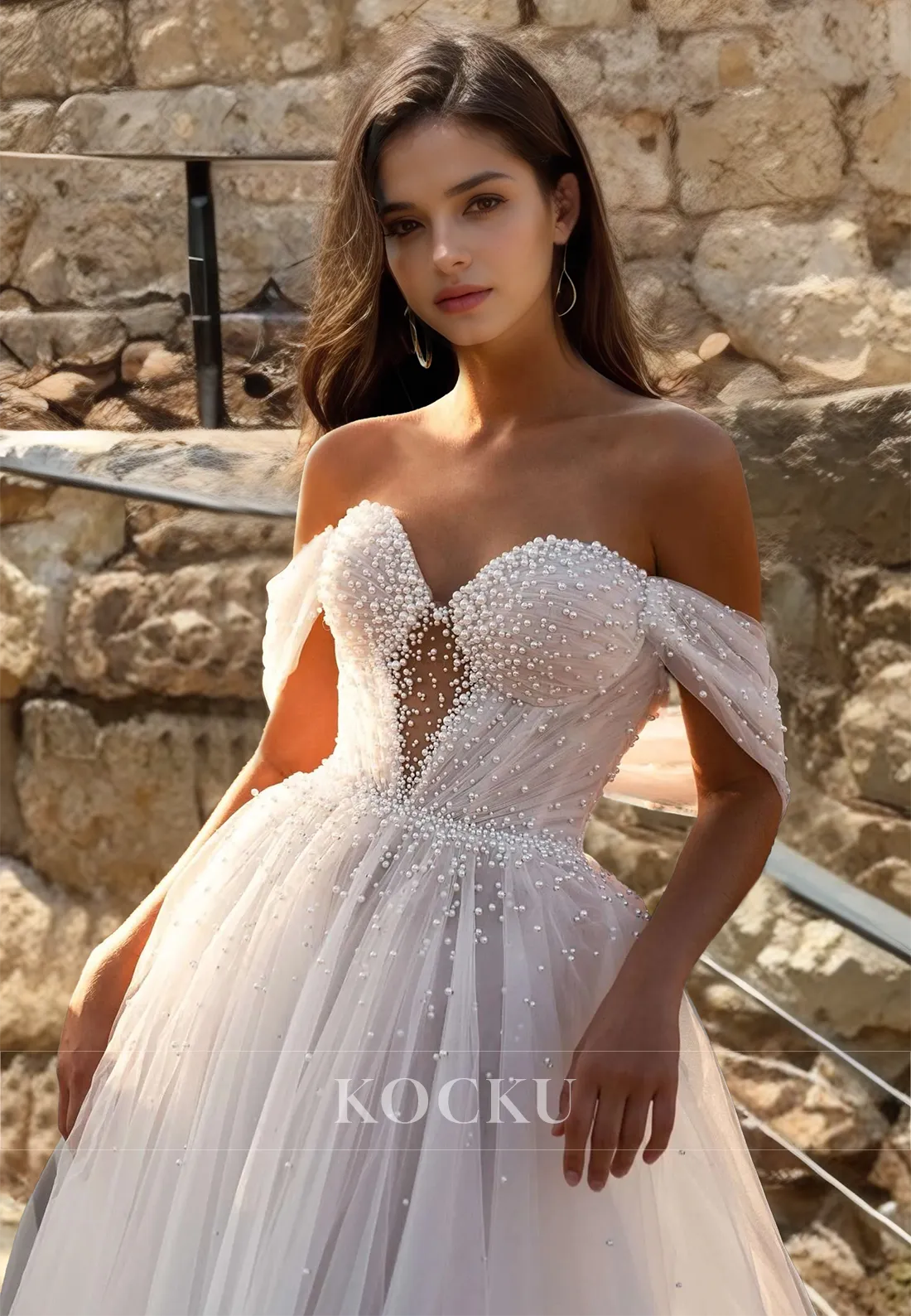 A-Line Off-Shoulder Sleeveless Sweep Train Pleated Lace Bridal Gowns Wedding Dress with Beads