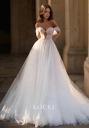 A-Line Off-Shoulder Sleeveless Sweep Train Pleated Lace Bridal Gowns Wedding Dress with Beads