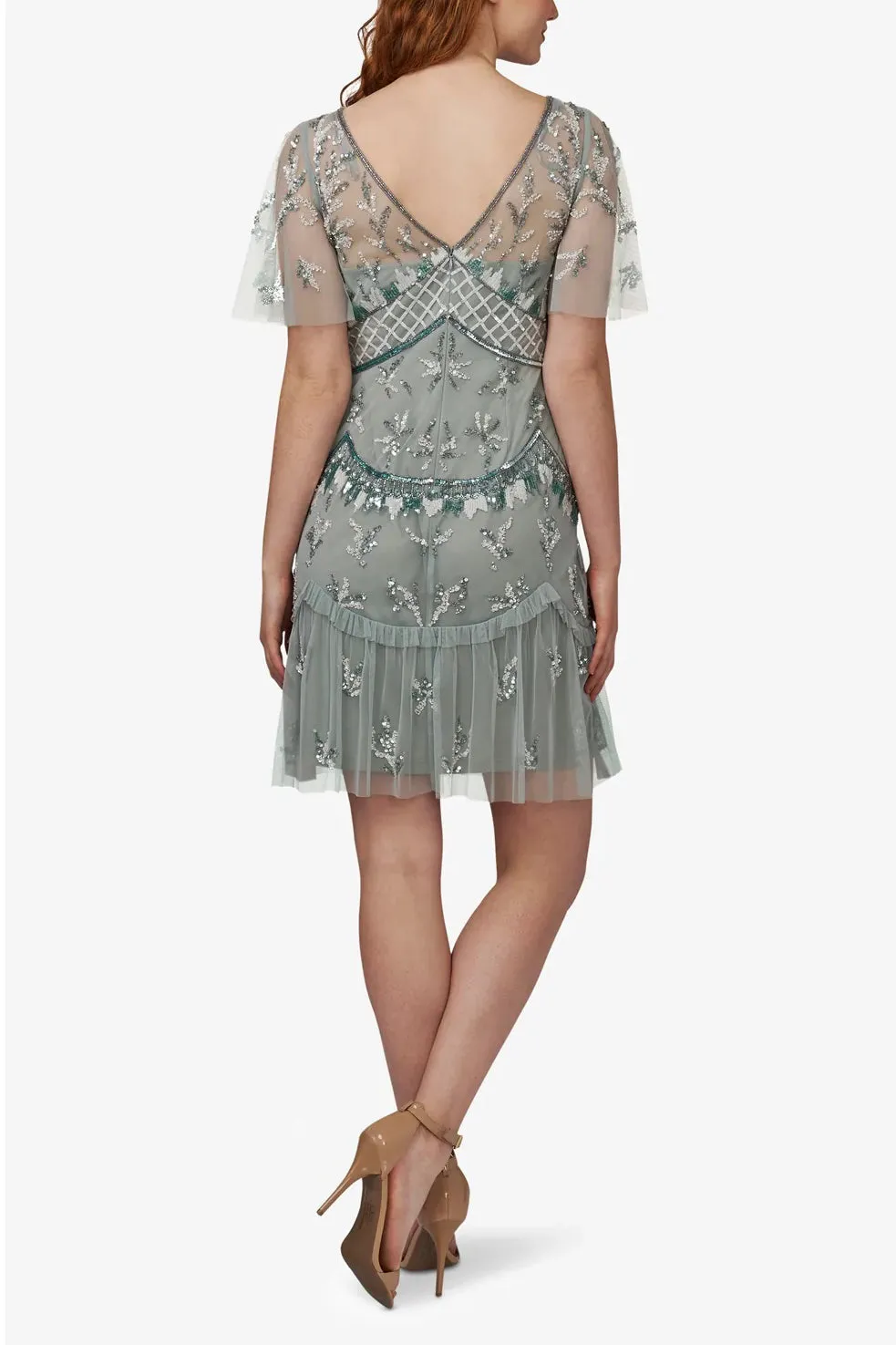 Adrianna Papell Boat Neck Flutter Sleeve Illusion Embellished Zipper Back Mesh Dress