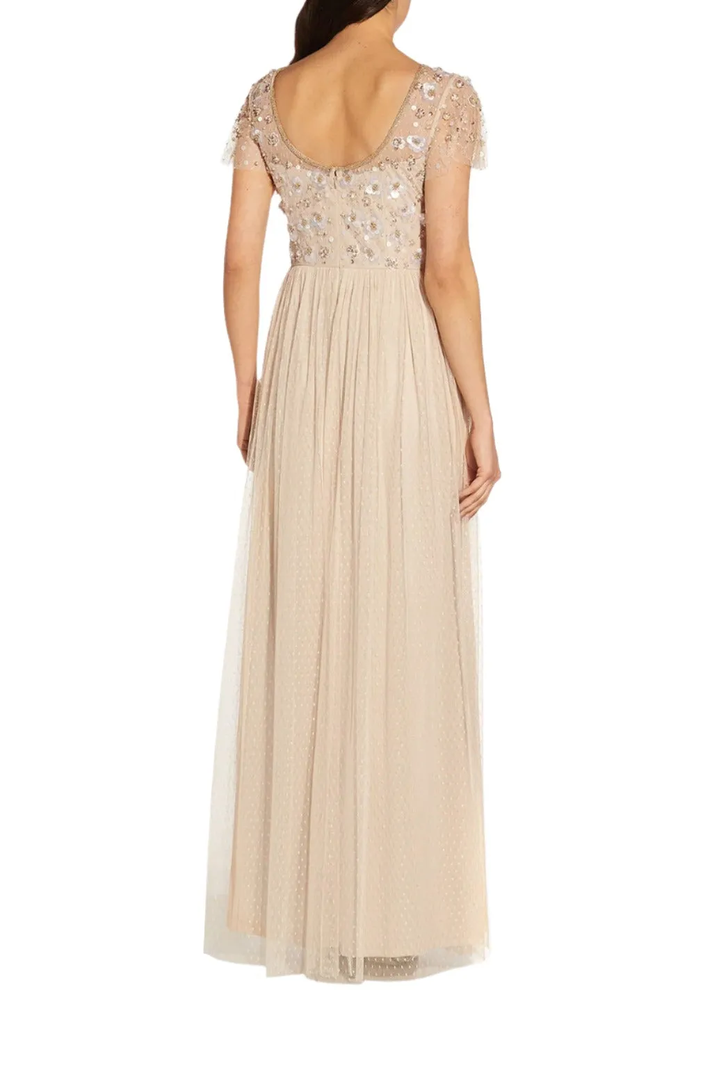 Adrianna Papell Boat Neck Short Sleeve Illusion Embellished Bodice Zipper Back Mesh Dress - Wholesale
