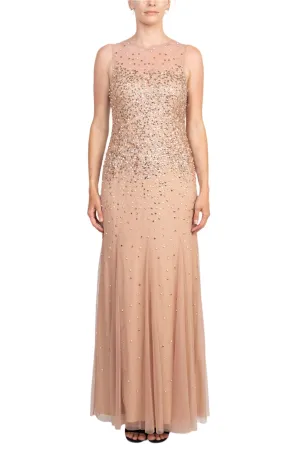 Adrianna Papell Illusion Crew Neck Sleeveless Beaded Sequined Bodycon Zipper Back Godet Mesh Gown