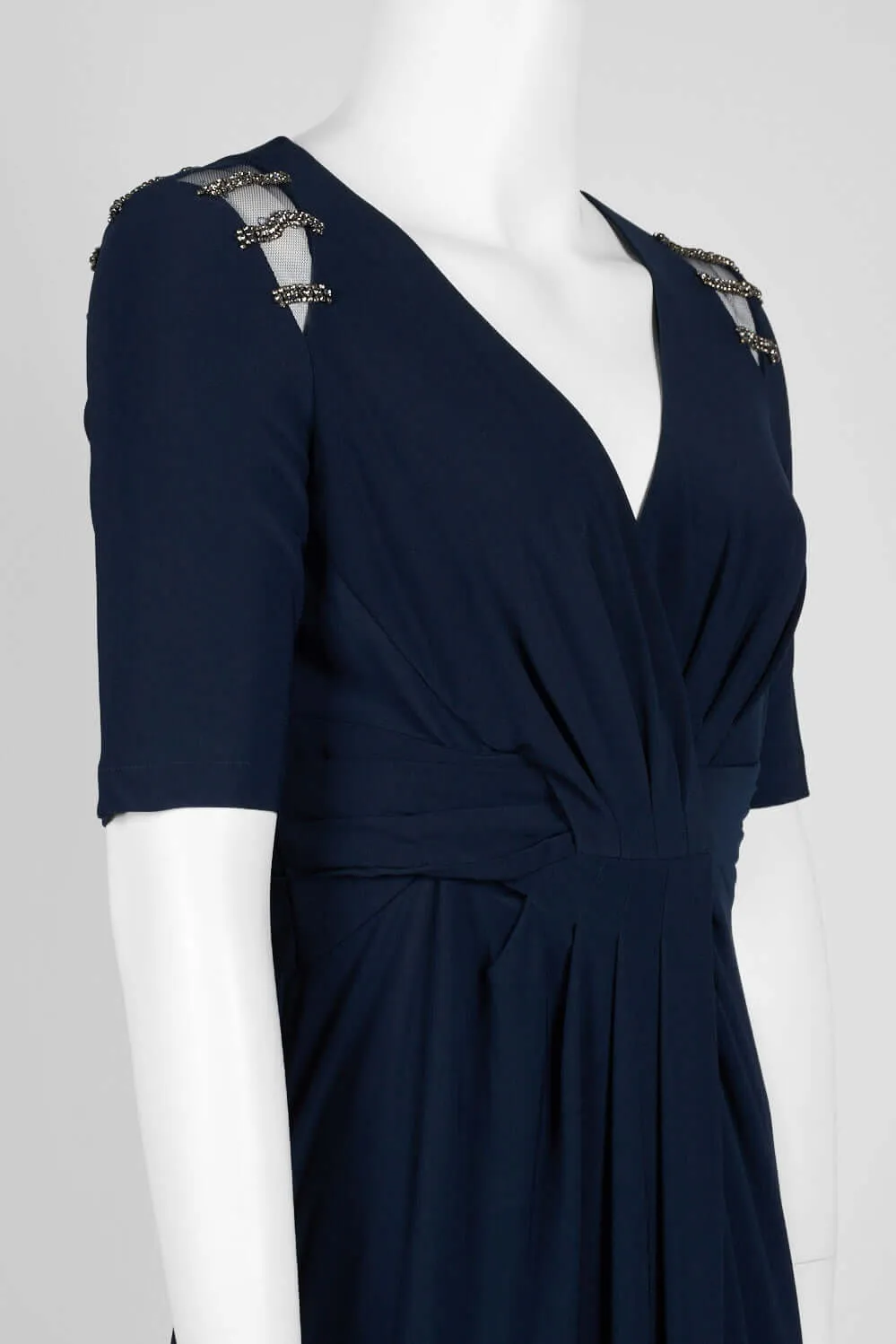 Adrianna Papell V-Neck Short Sleeve Embellished Shoulder Gathered Front Zipper Back Solid Jersey Gown