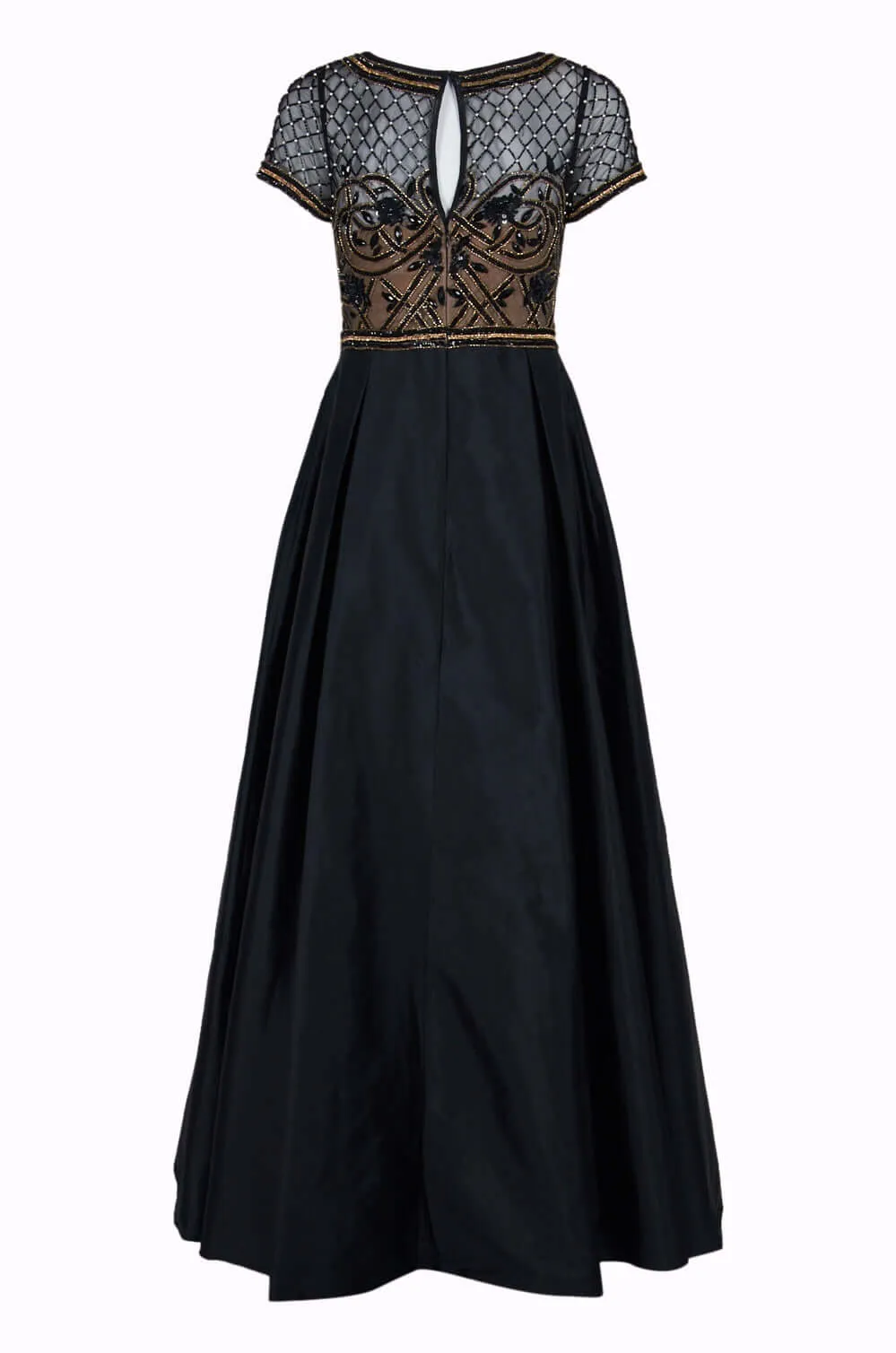 Aidan Mattox Boat Neck Short Sleeve Illusion Embellished Bodice Keyhole Back Mesh Tafetta Dress