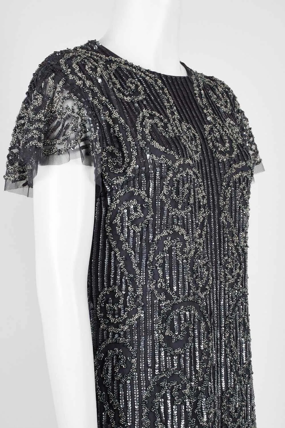 Aidan Mattox Crew Neck Short Sleeve Zipper Back Embellished Mesh Dress