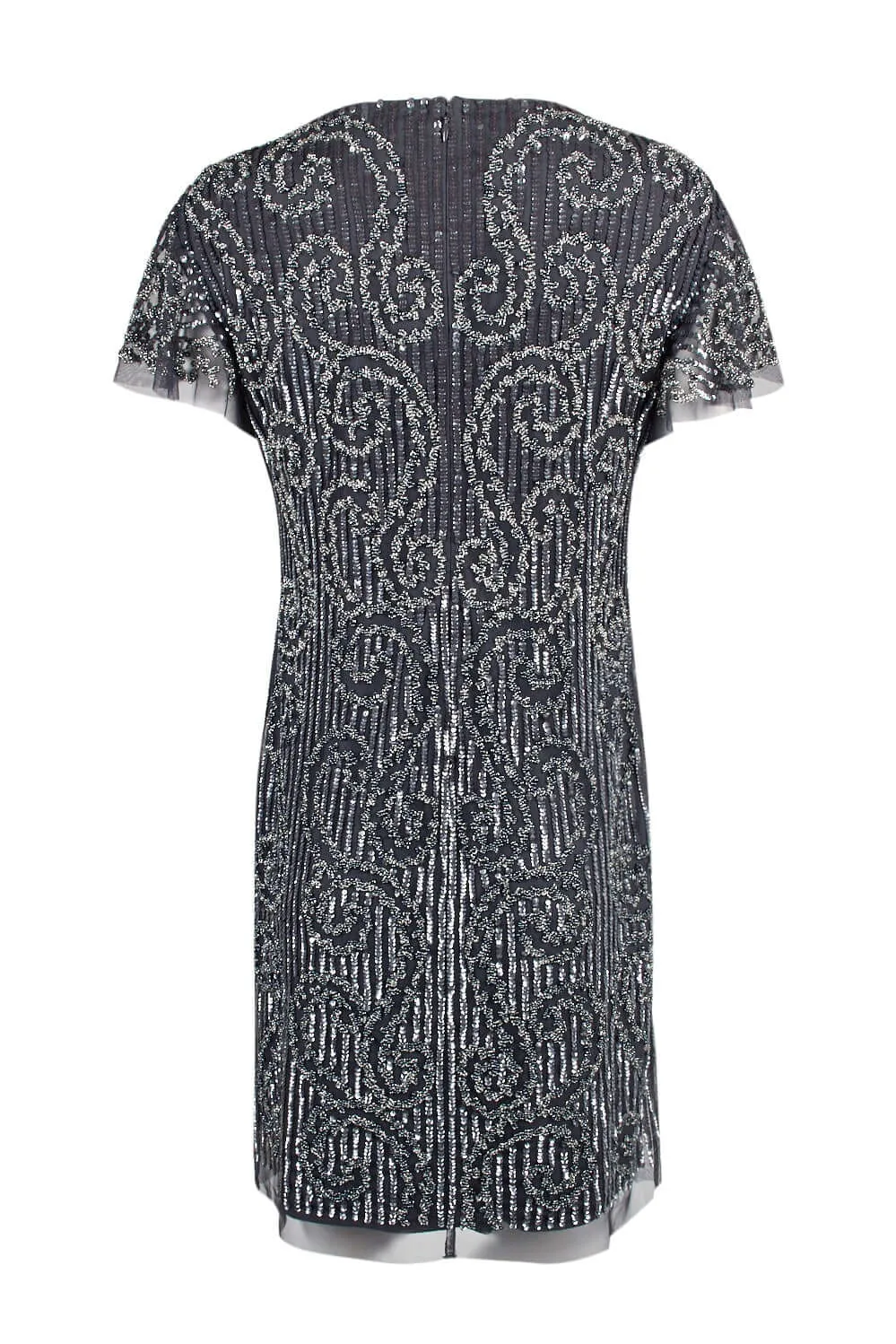 Aidan Mattox Crew Neck Short Sleeve Zipper Back Embellished Mesh Dress