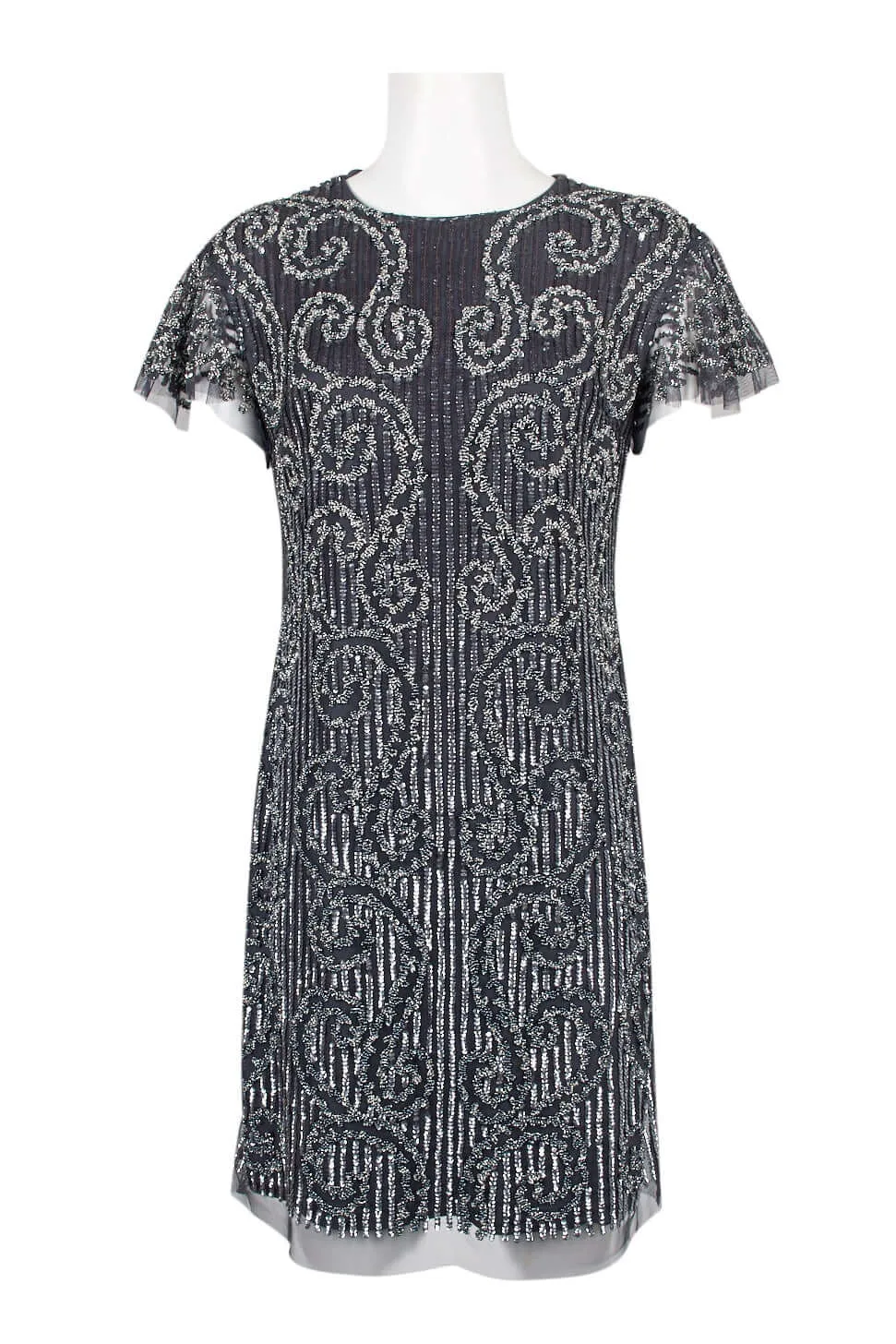 Aidan Mattox Crew Neck Short Sleeve Zipper Back Embellished Mesh Dress