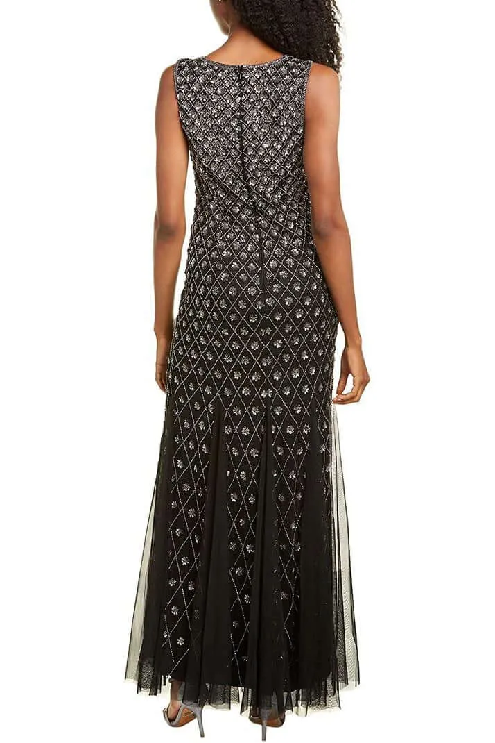 Aidan Mattox Crew Neck Sleeveless Zipper Back Embellished Godet Mesh Gown