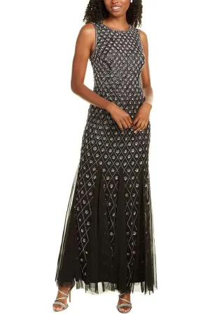 Aidan Mattox Crew Neck Sleeveless Zipper Back Embellished Godet Mesh Gown