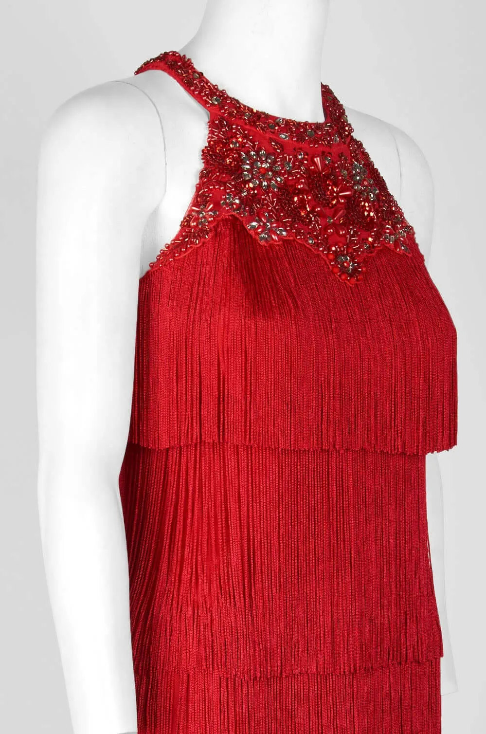 Aidan Mattox Embellished Halter Neck Keyhole Back Tiered Tassel Dress