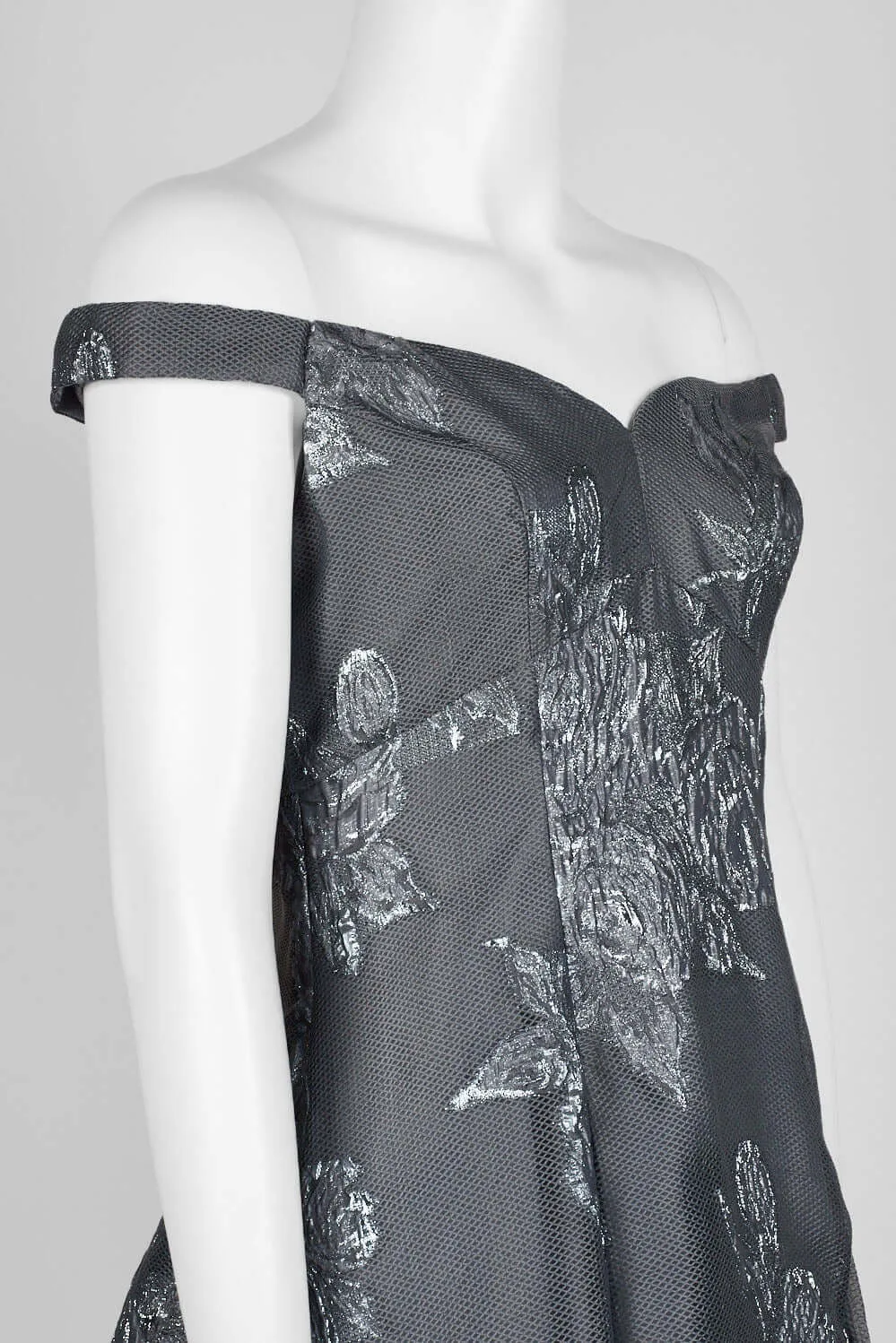 Aidan Mattox Off-Shoulder Sleeveless Box Pleat Zipper Back Metallic Jacquard Gown
