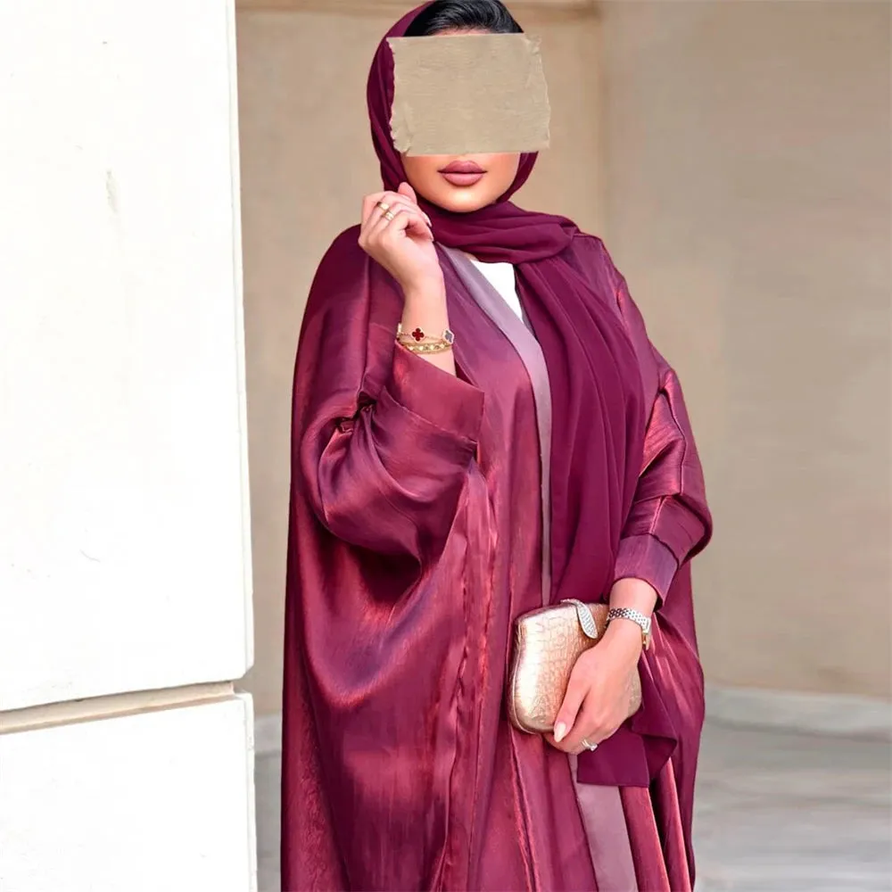 Arab Fashion Satin Shiny Open Kimono Abaya with Batwing Sleeves