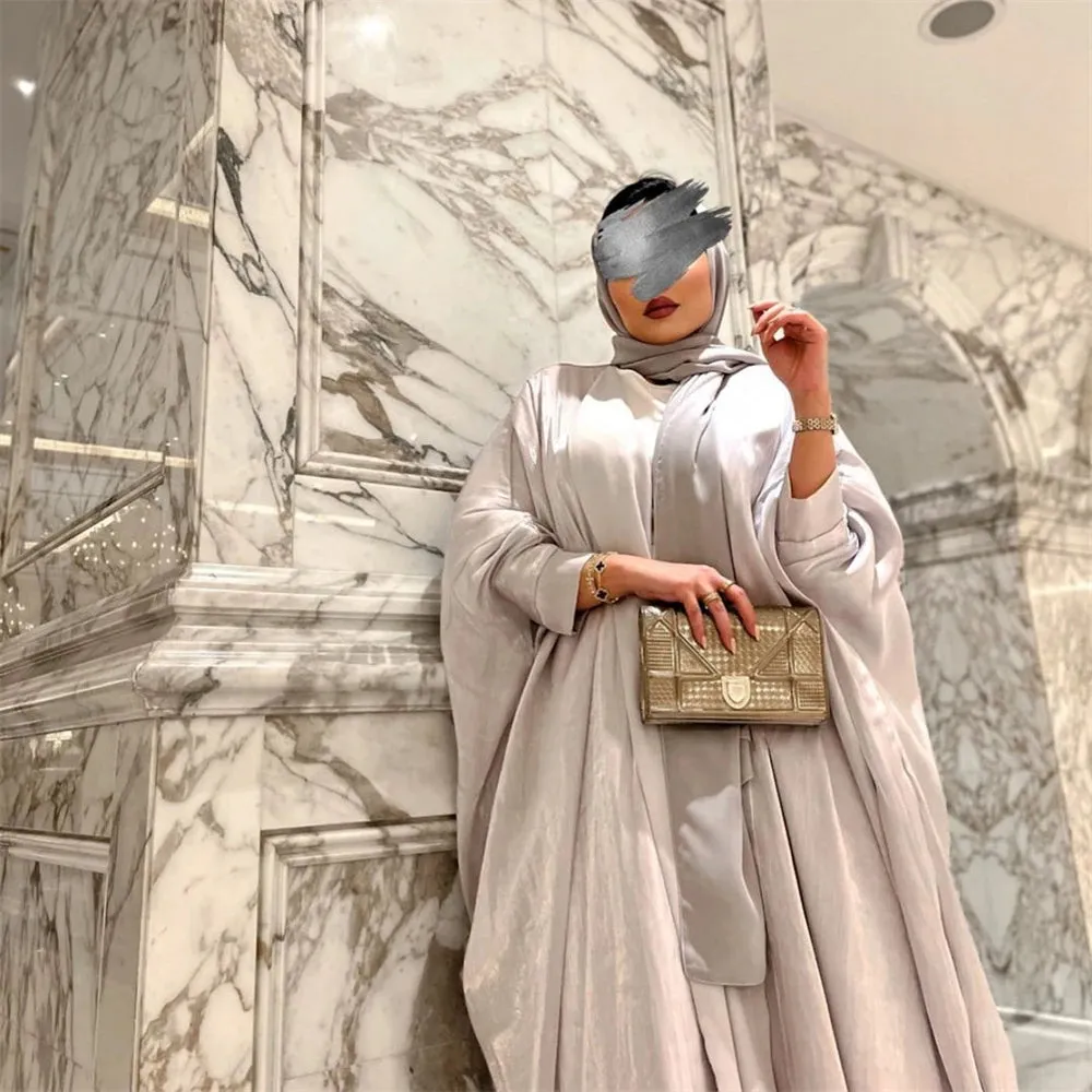 Arab Fashion Satin Shiny Open Kimono Abaya with Batwing Sleeves