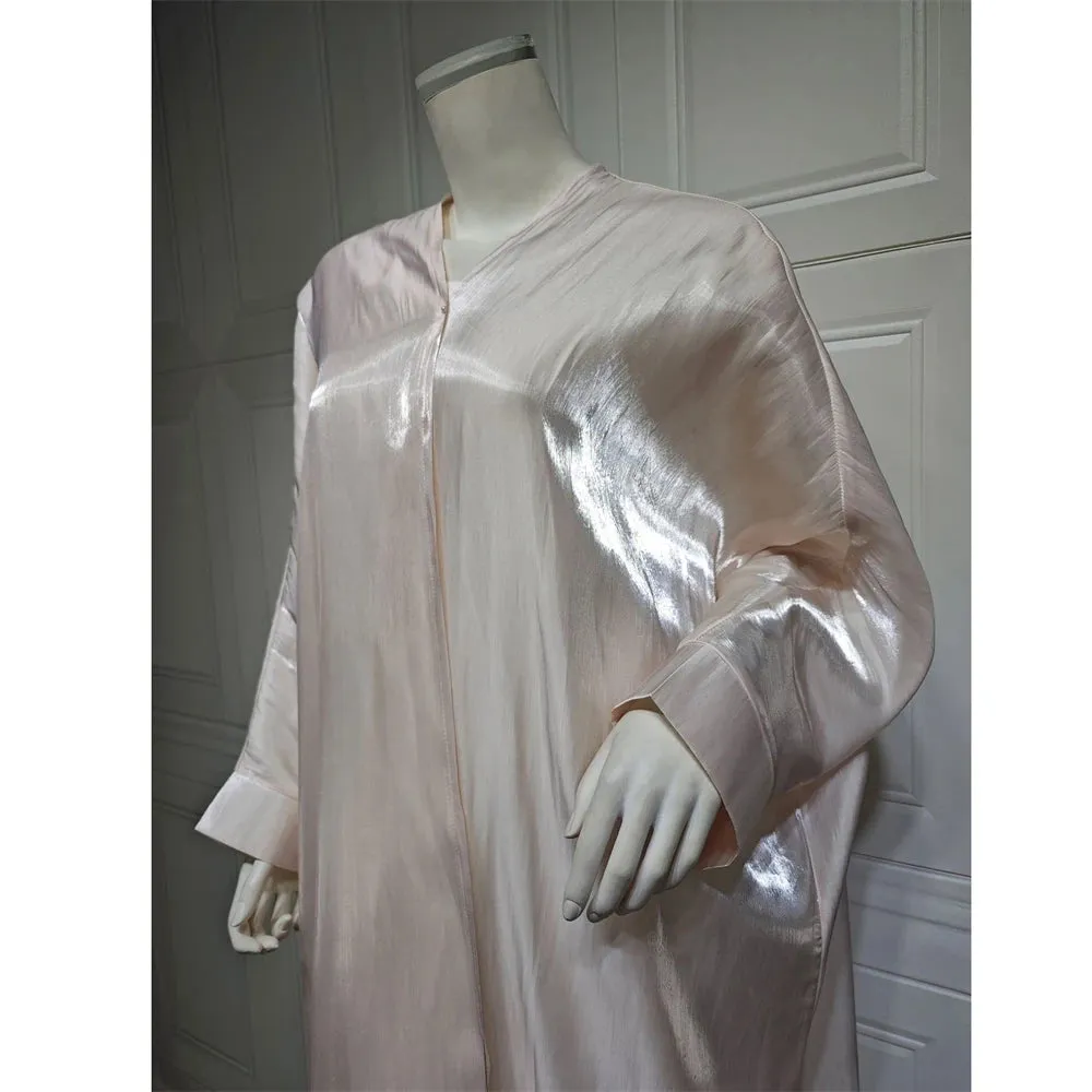 Arab Fashion Satin Shiny Open Kimono Abaya with Batwing Sleeves