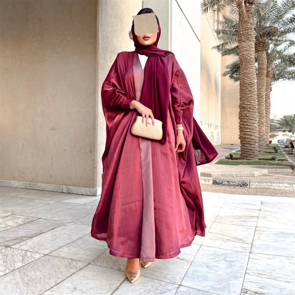 Arab Fashion Satin Shiny Open Kimono Abaya with Batwing Sleeves