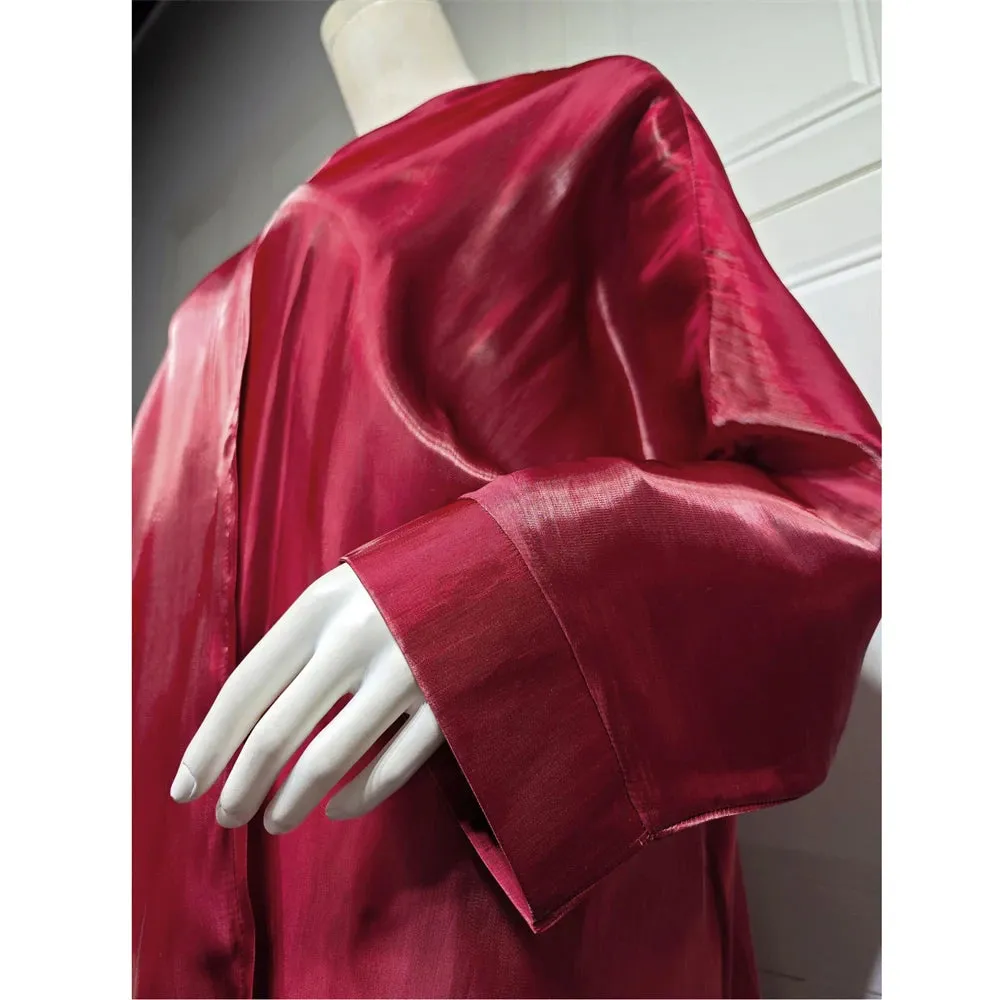 Arab Fashion Satin Shiny Open Kimono Abaya with Batwing Sleeves