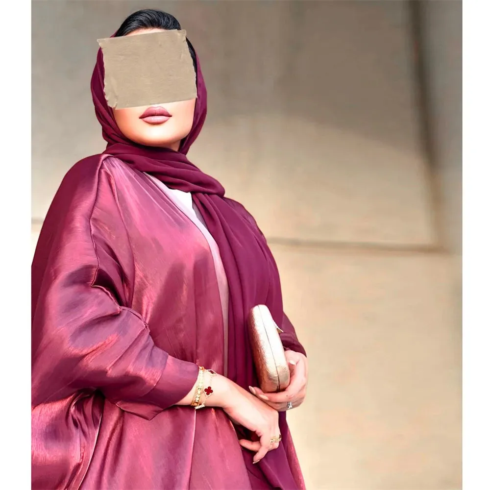 Arab Fashion Satin Shiny Open Kimono Abaya with Batwing Sleeves