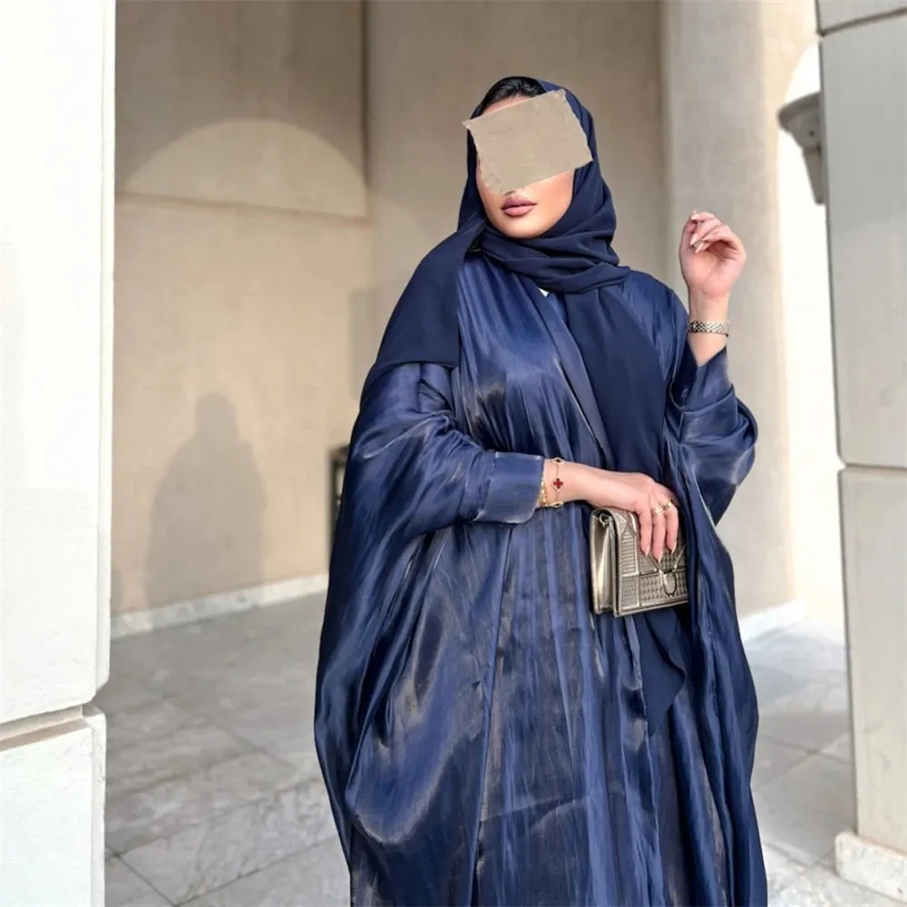 Arab Fashion Satin Shiny Open Kimono Abaya with Batwing Sleeves