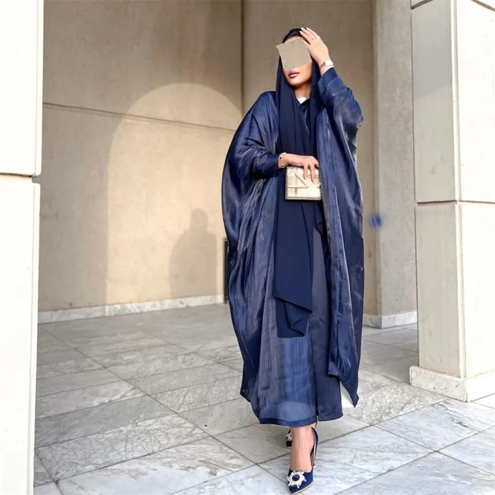 Arab Fashion Satin Shiny Open Kimono Abaya with Batwing Sleeves
