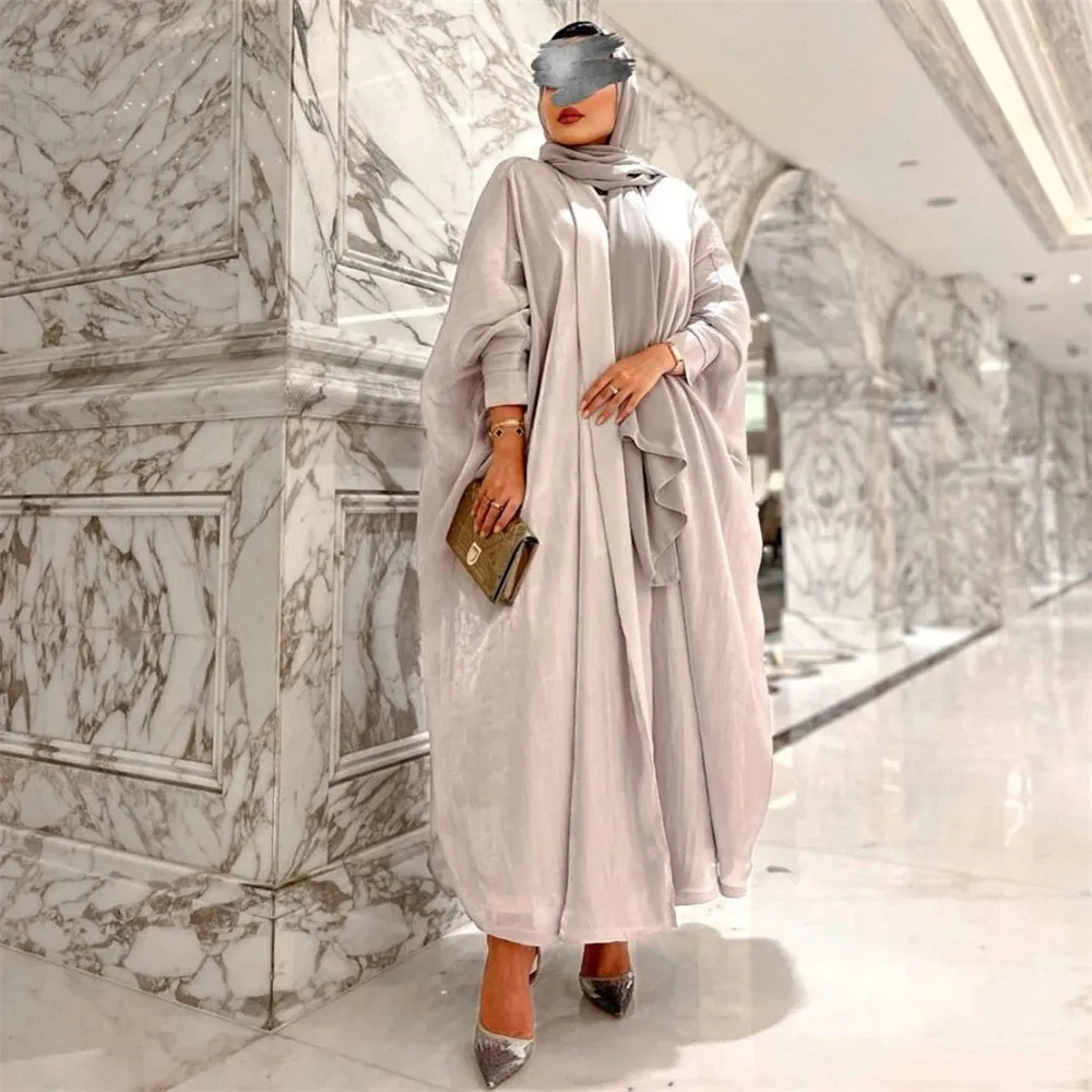 Arab Fashion Satin Shiny Open Kimono Abaya with Batwing Sleeves
