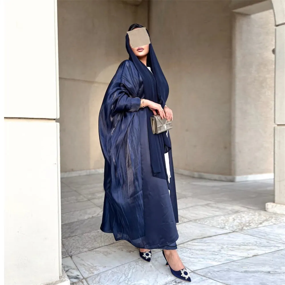 Arab Fashion Satin Shiny Open Kimono Abaya with Batwing Sleeves
