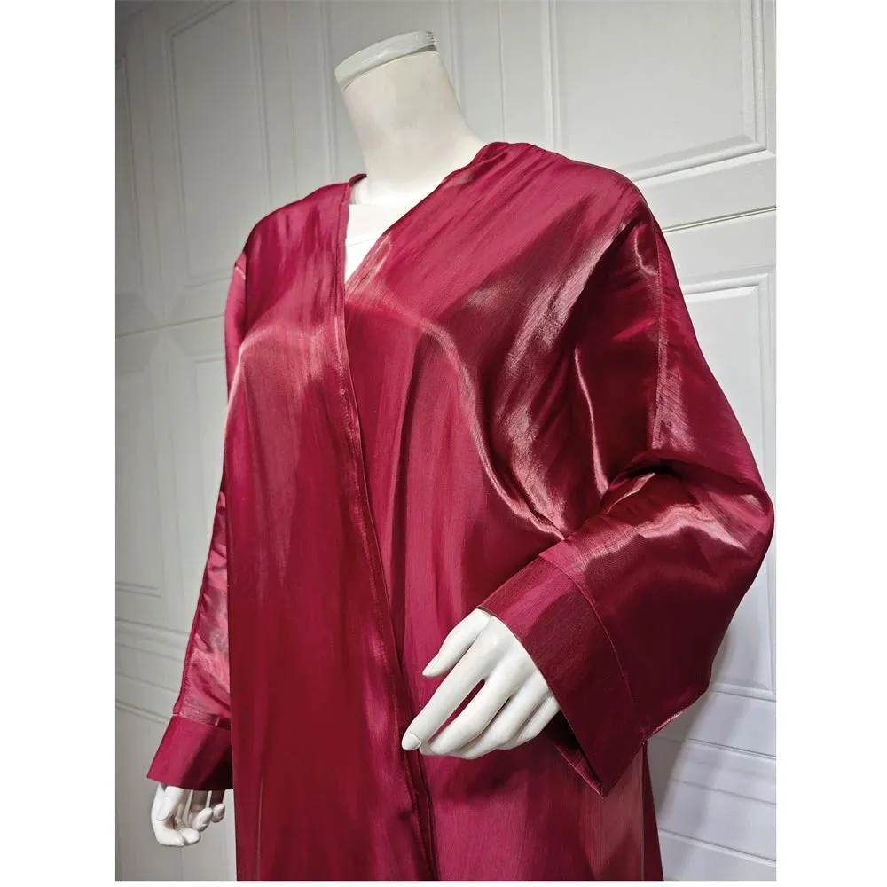 Arab Fashion Satin Shiny Open Kimono Abaya with Batwing Sleeves