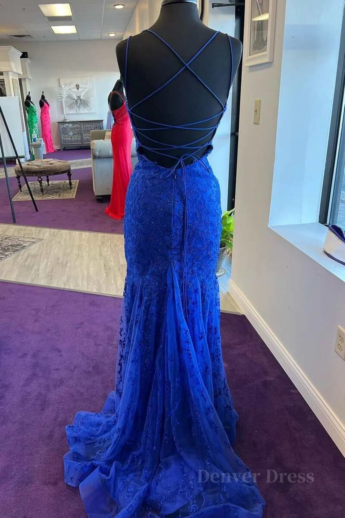 Backless Mermaid Blue Lace Tulle Long Prom Dress Mermaid Blue Formal Dress Blue Lace Evening Dress
