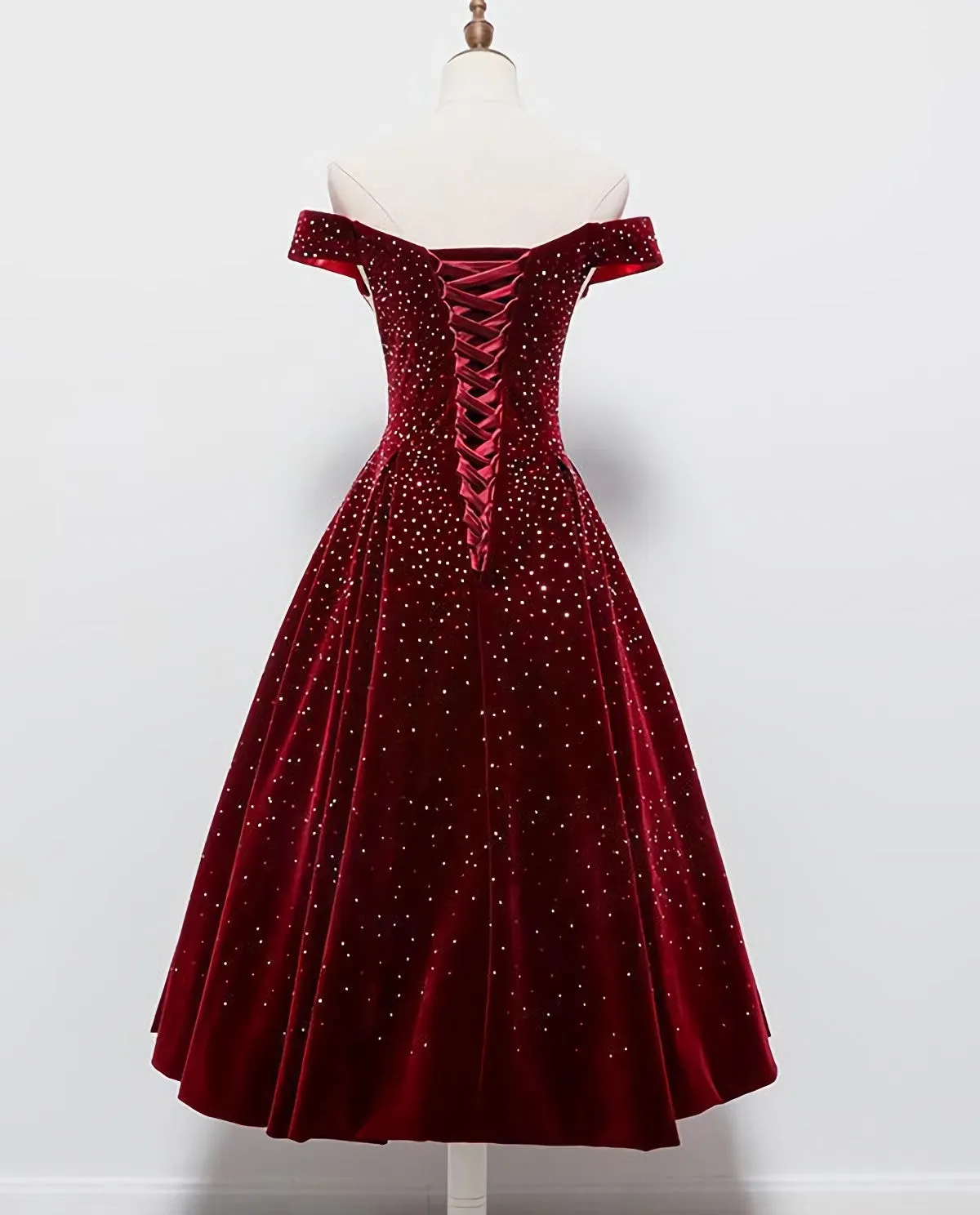 Beautiful Wine Red Tea Length Sweetheart Party Dress Velvet Bridesmaid Dress Prom Dress