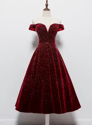 Beautiful Wine Red Tea Length Sweetheart Party Dress Velvet Bridesmaid Dress Prom Dress