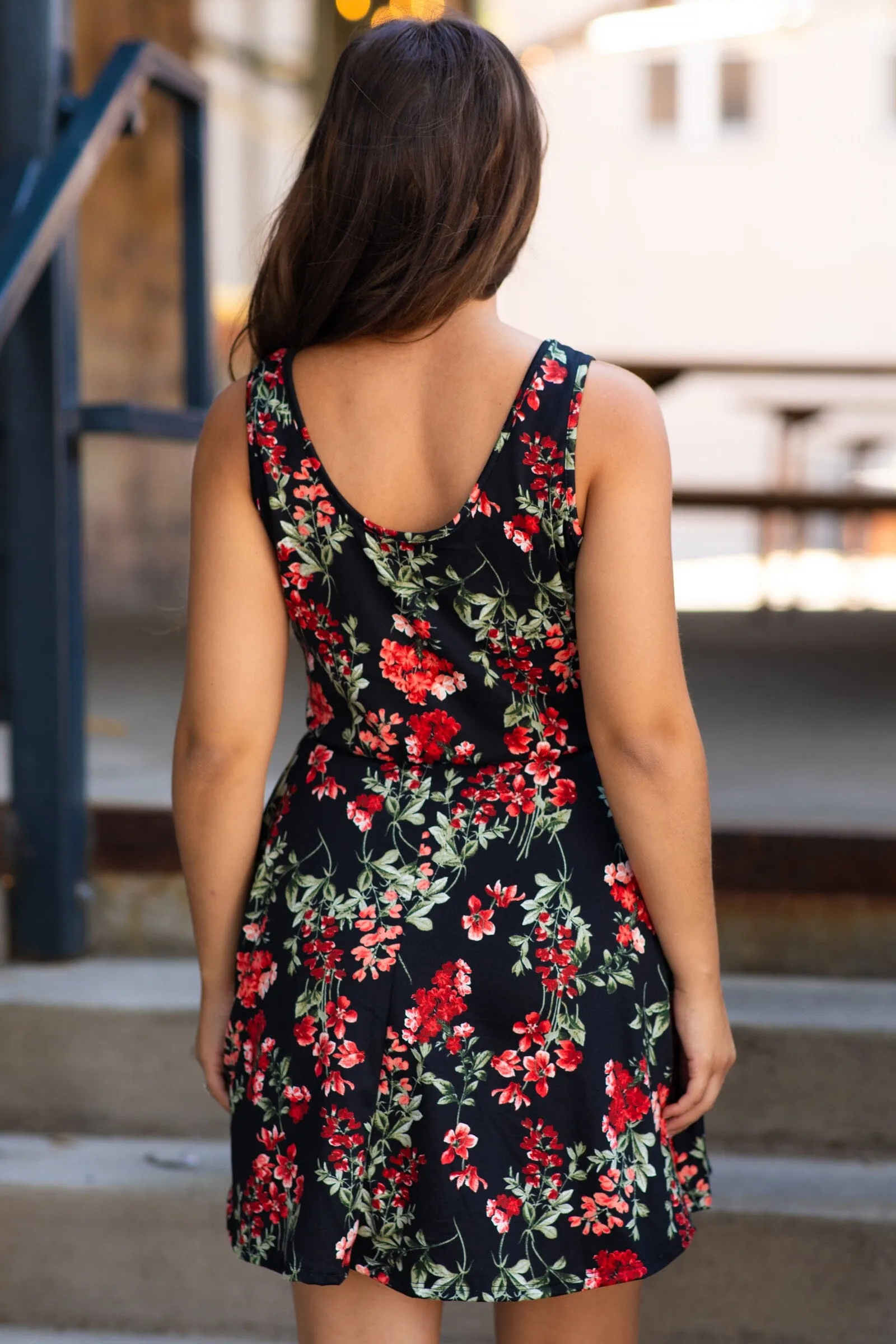 Black and Red Floral Print Dress