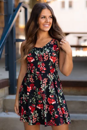 Black and Red Floral Print Dress