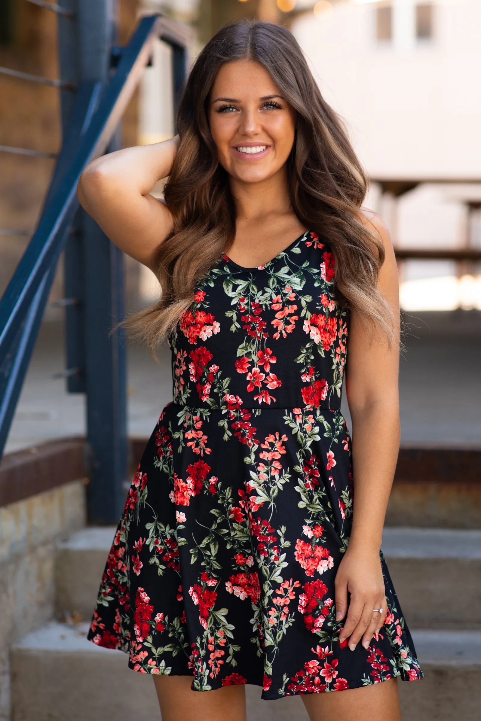 Black and Red Floral Print Dress