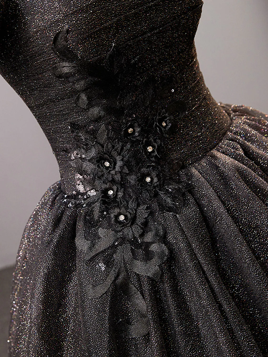 Black Square Neckline Tulle Long Prom Dresses, Shiny Tulle Black Evening Dress