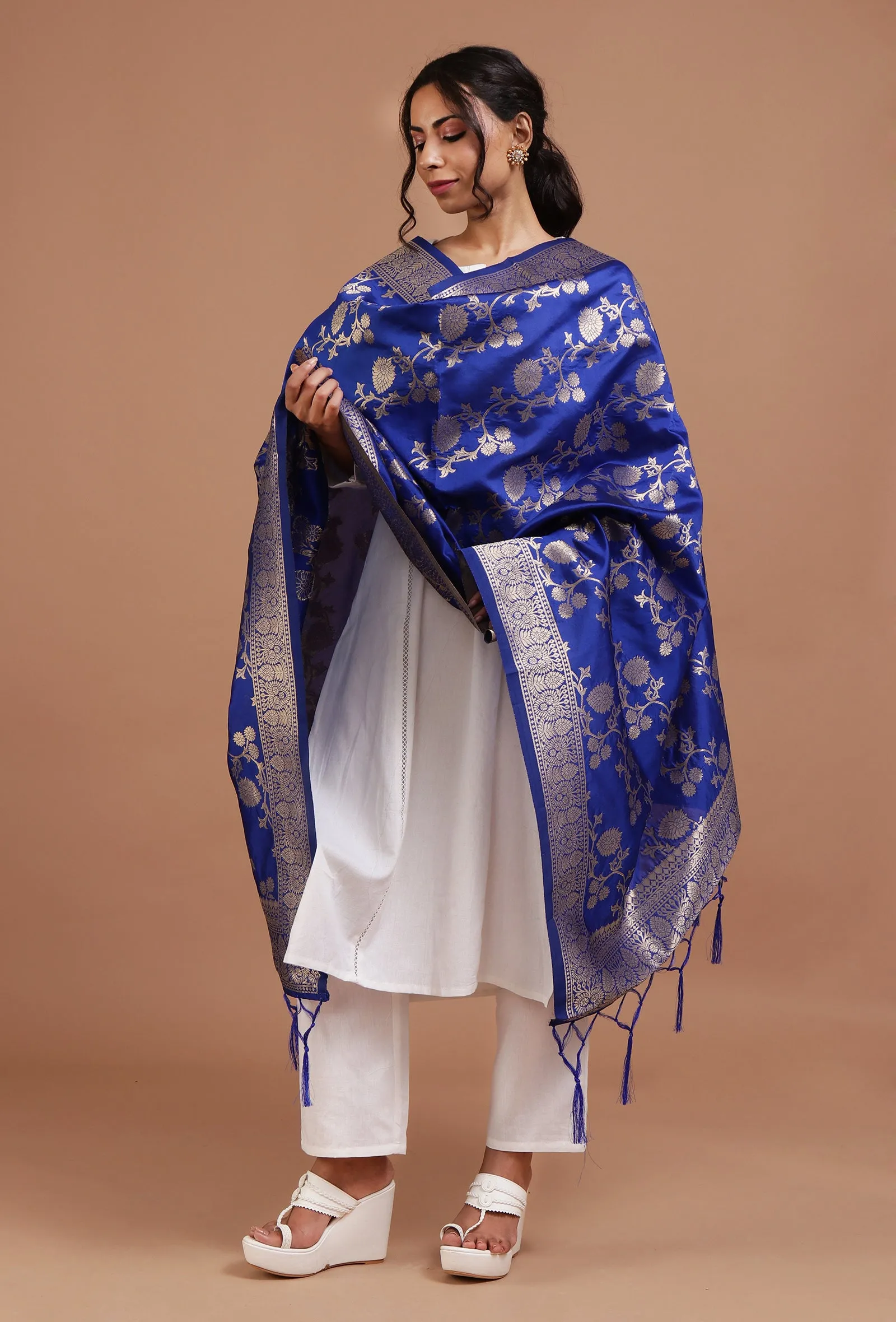 Blue Color Semi Silk Dupatta With Zari Weaving
