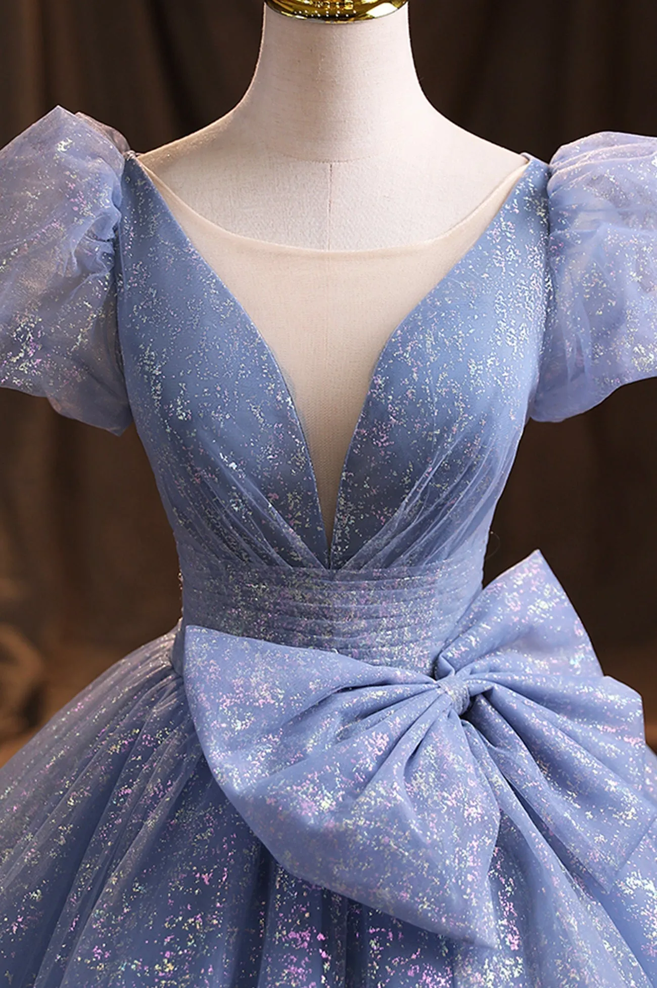 Blue Tulle Sequins Long Prom Dress A-Line Evening Gown with Bow