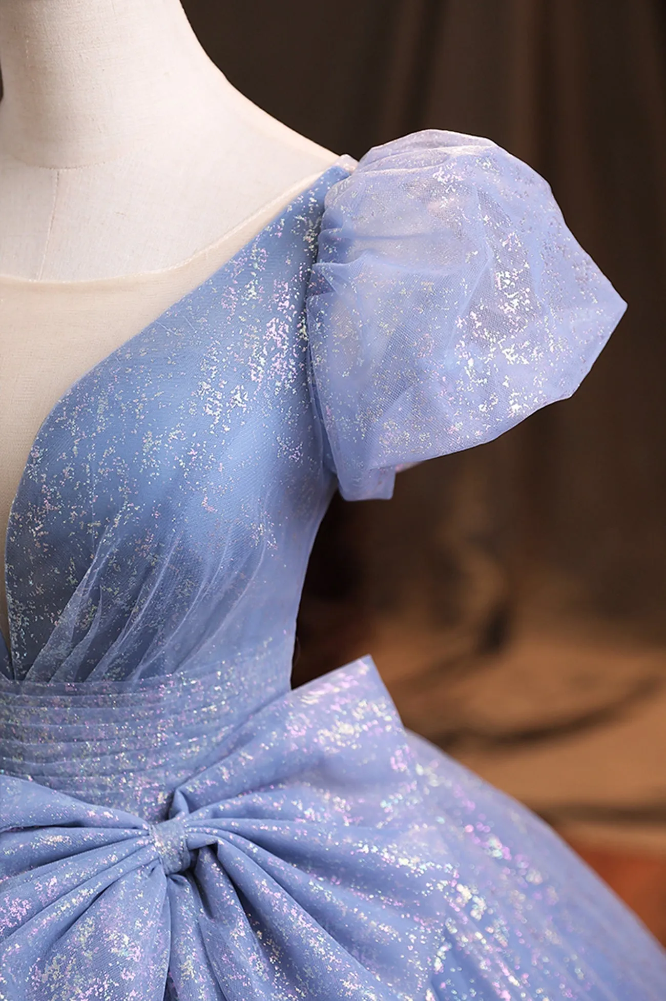 Blue Tulle Sequins Long Prom Dress A-Line Evening Gown with Bow
