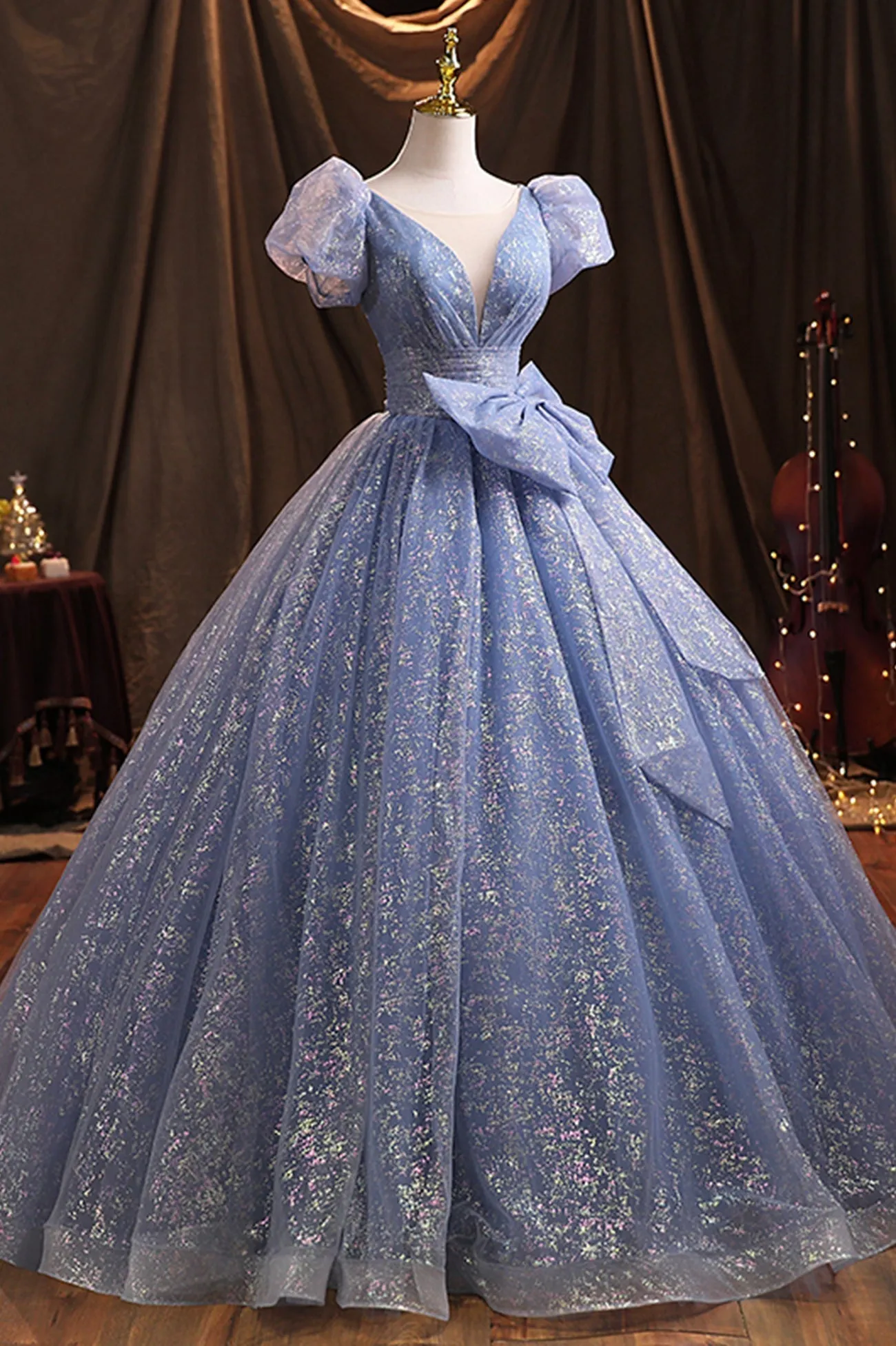 Blue Tulle Sequins Long Prom Dress A-Line Evening Gown with Bow