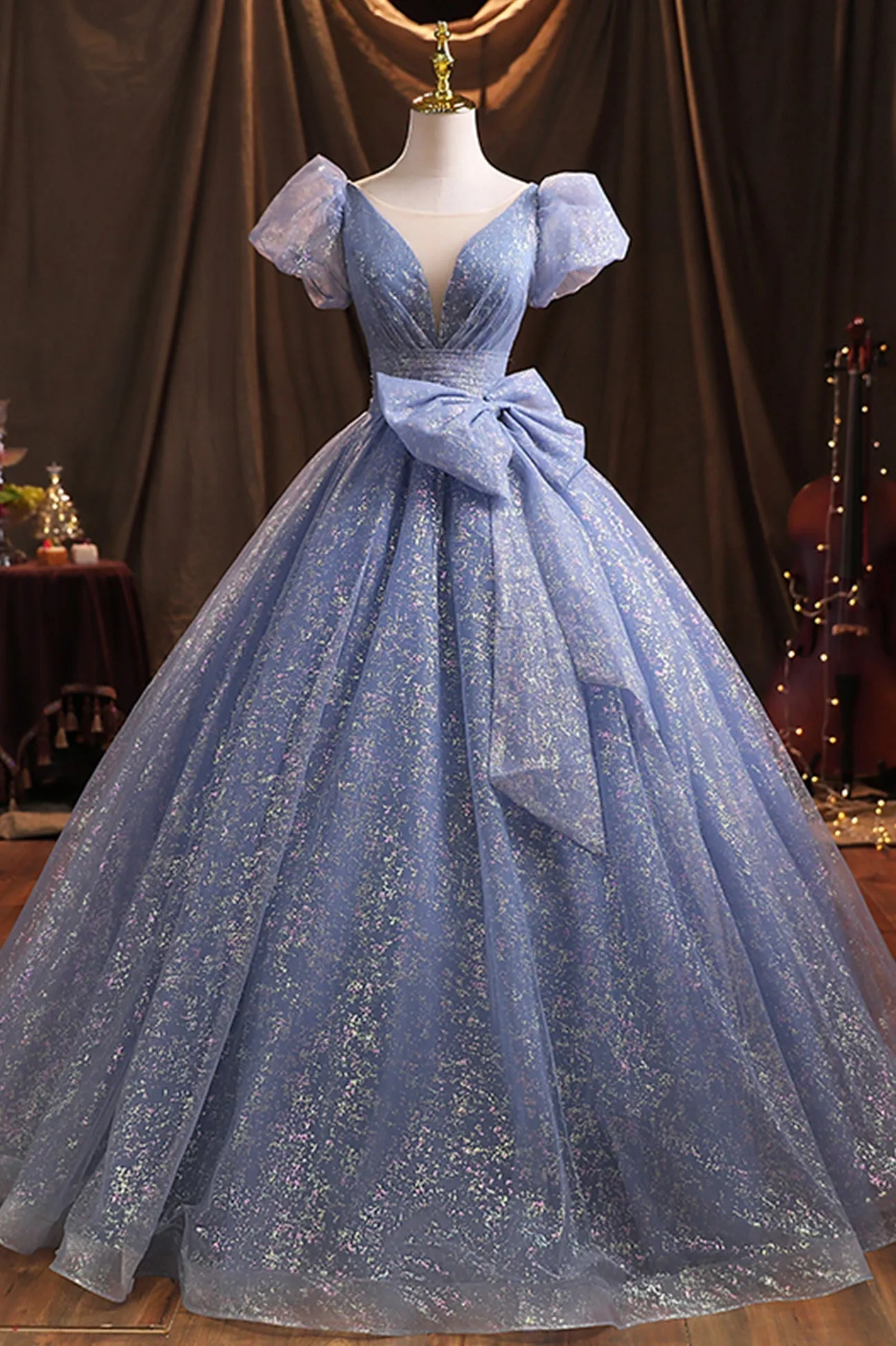 Blue Tulle Sequins Long Prom Dress A-Line Evening Gown with Bow