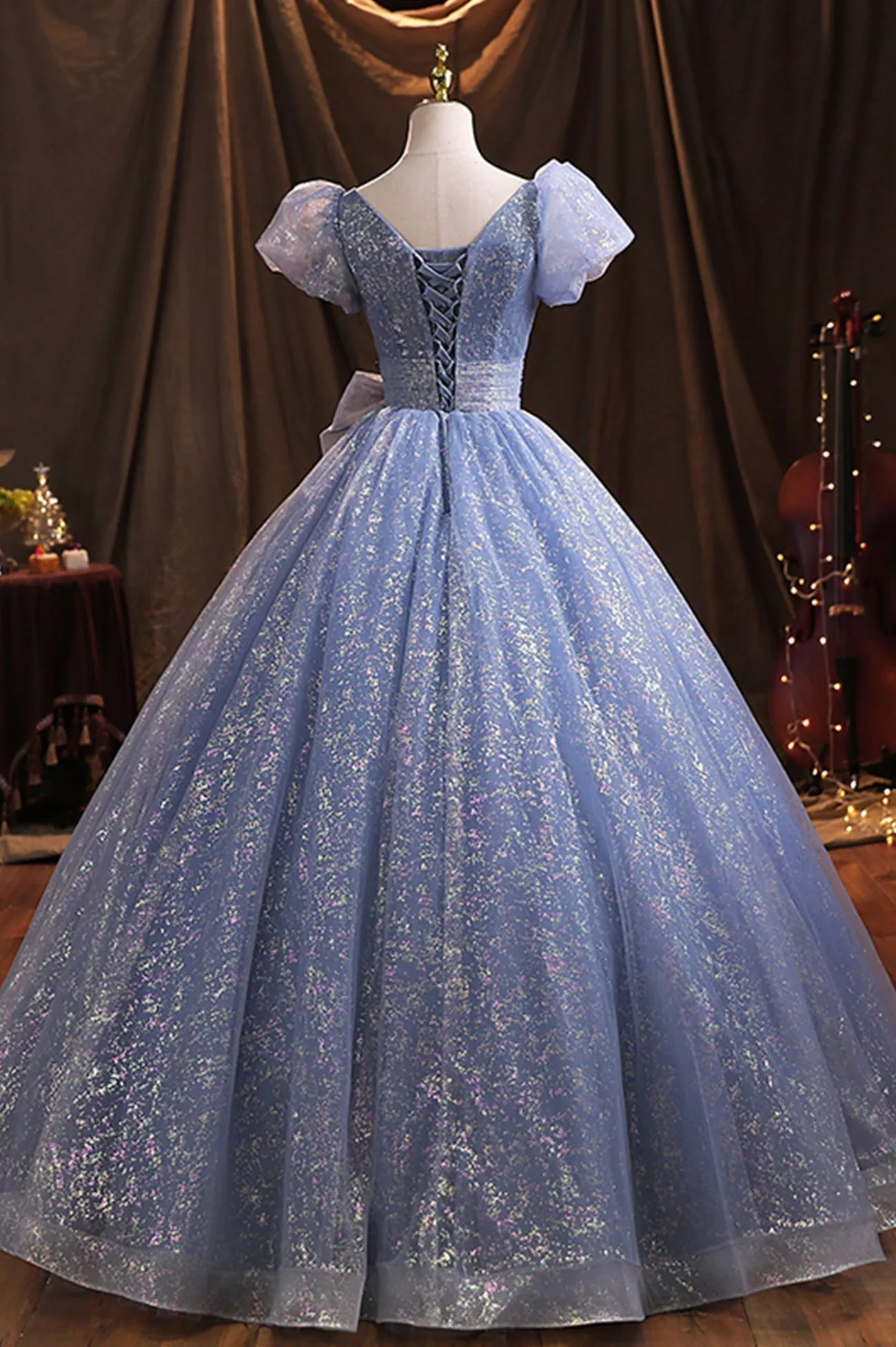 Blue Tulle Sequins Long Prom Dress A-Line Evening Gown with Bow