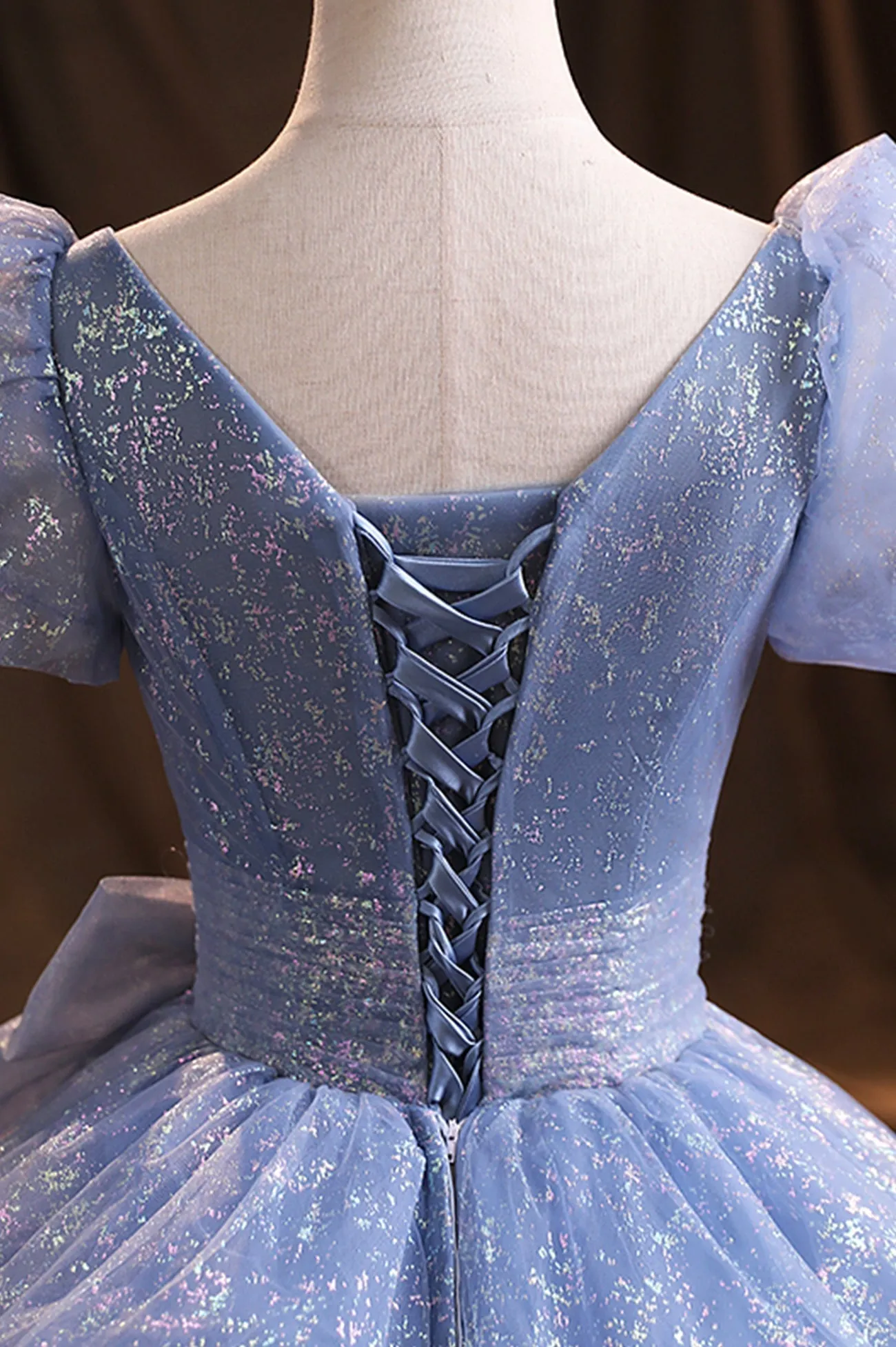 Blue Tulle Sequins Long Prom Dress A-Line Evening Gown with Bow