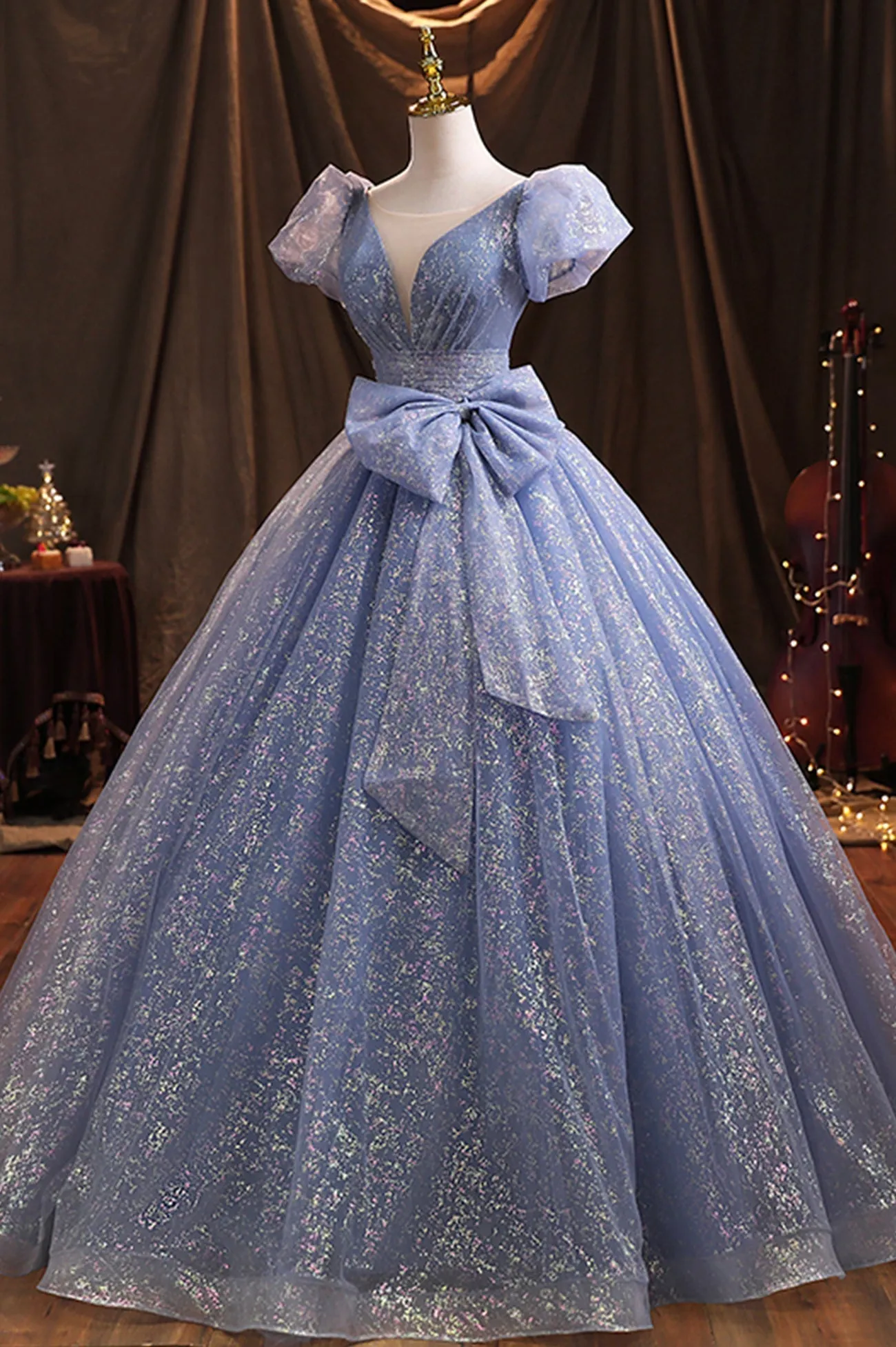 Blue Tulle Sequins Long Prom Dress A-Line Evening Gown with Bow